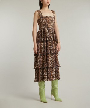 Ganni - Leopard Pleated Georgette Flounce Smock Midi Dress image number 2