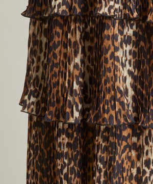 Ganni - Leopard Pleated Georgette Flounce Smock Midi Dress image number 4