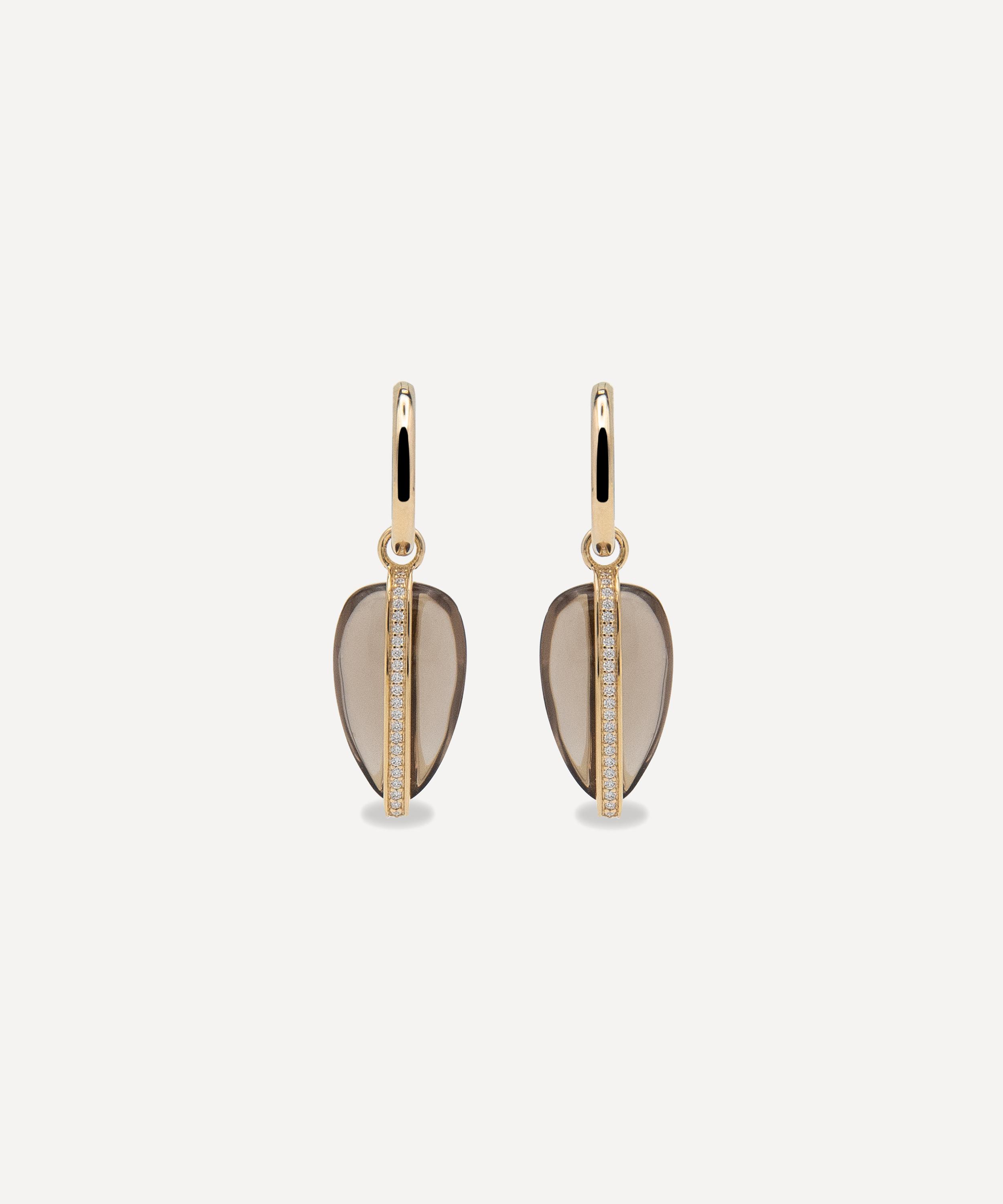 By Pariah - 14ct Gold Diamond Pebble Smokey Quartz Drop Earrings image number 0