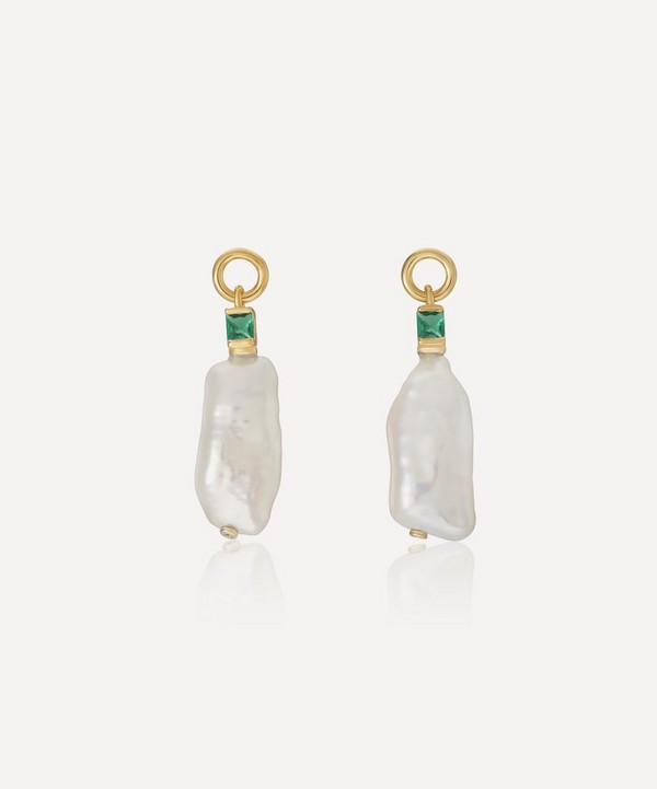 V by Laura Vann - 18ct Gold-Plated Vermeil Silver Emily Baroque Pearl and Emerald Drop Earrings image number null