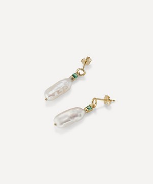 V by Laura Vann - 18ct Gold-Plated Vermeil Silver Emily Baroque Pearl and Emerald Drop Earrings image number 3