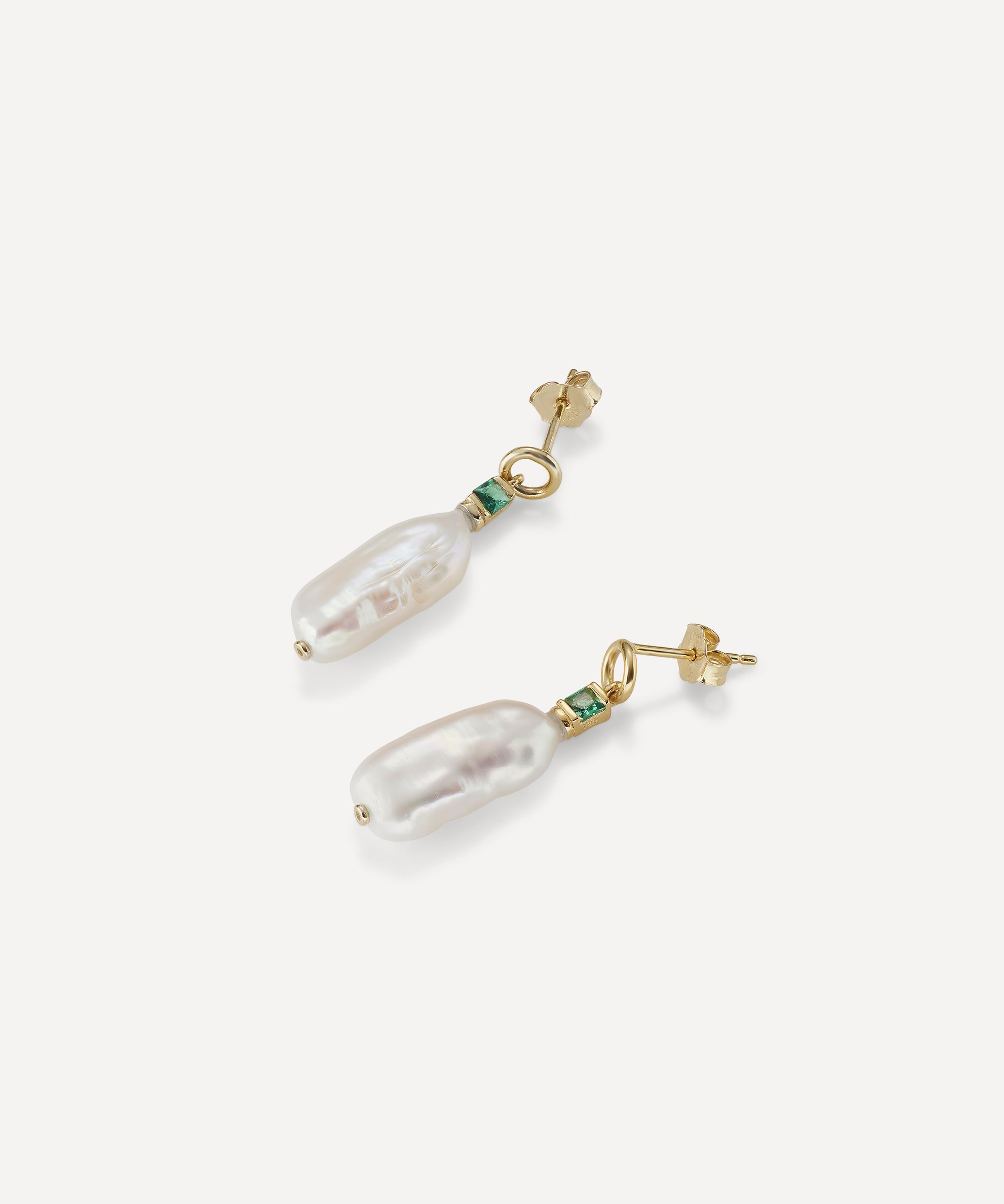 Laura Vann - 18ct Gold-Plated Vermeil Silver Emily Baroque Pearl and Emerald Drop Earrings image number 3