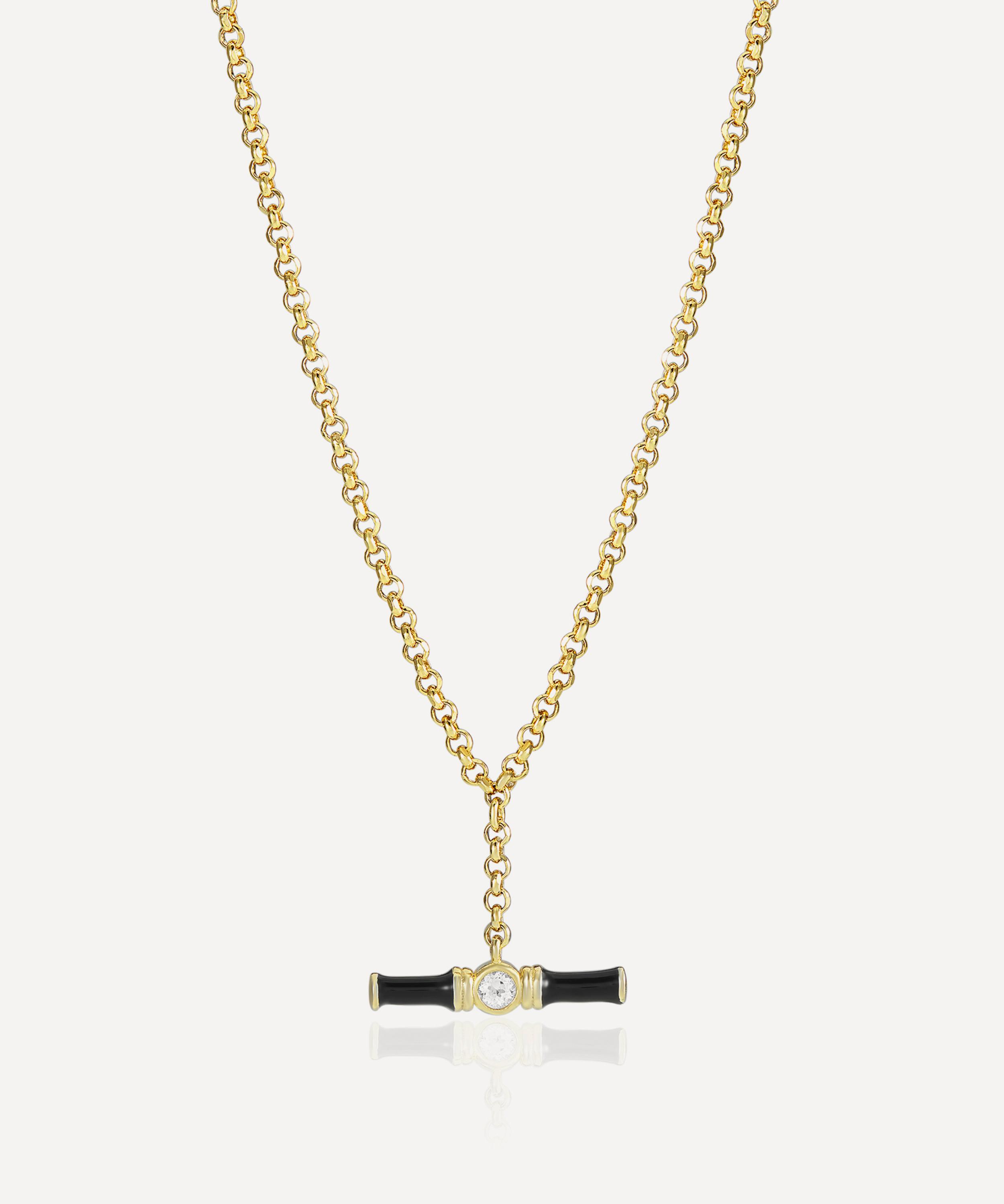 V by Laura Vann - 18ct Gold-Plated Vermeil Silver Dyllan Black Enamel T-Bar Pendant Necklace image number 0