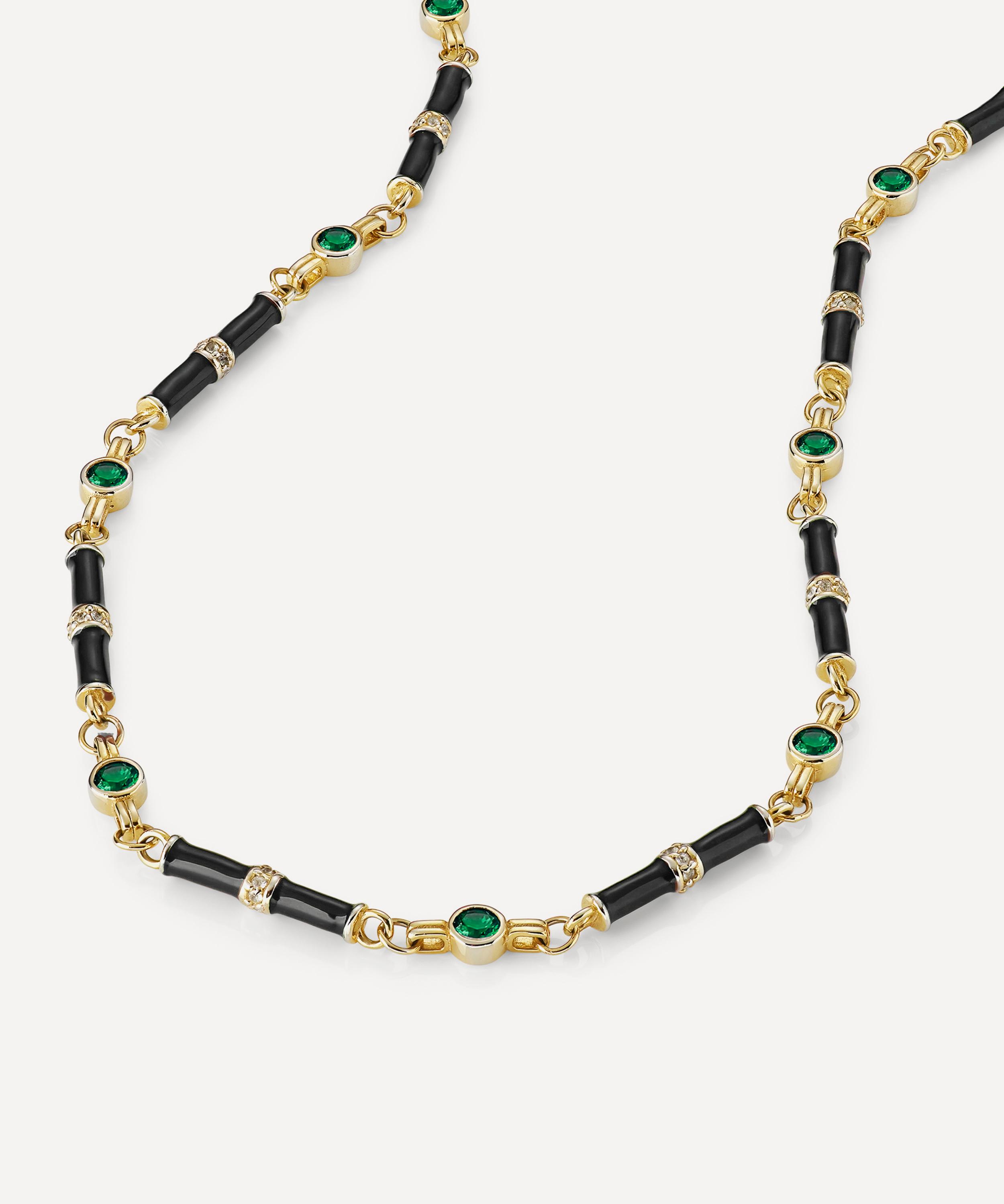 Laura Vann - 18ct Gold-Plated Marlowe Black Enamel and Green Stone Necklace image number 2