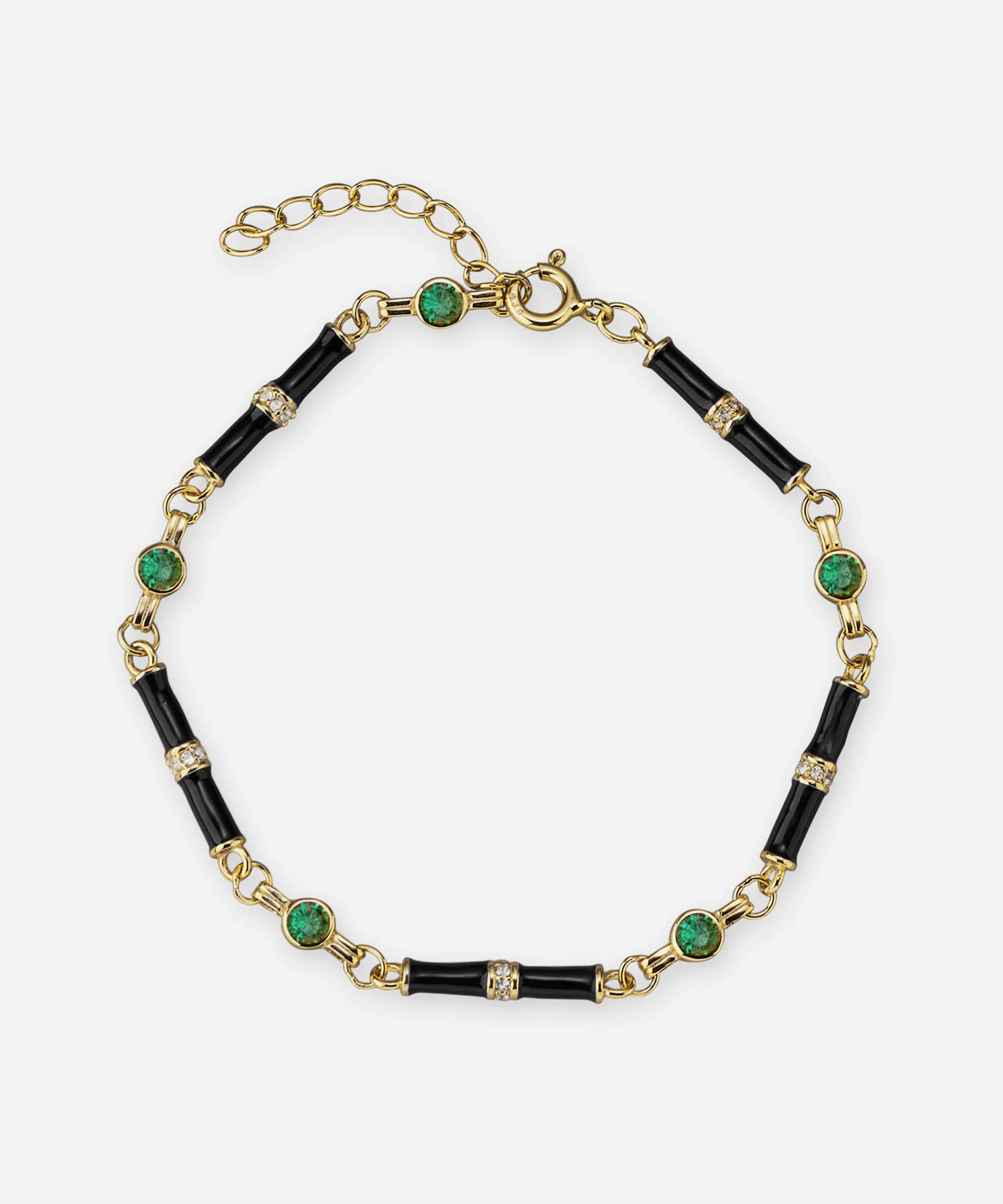 Laura Vann - 18ct Gold-Plated Marlowe Black Enamel and Green Stone Bracelet image number 0