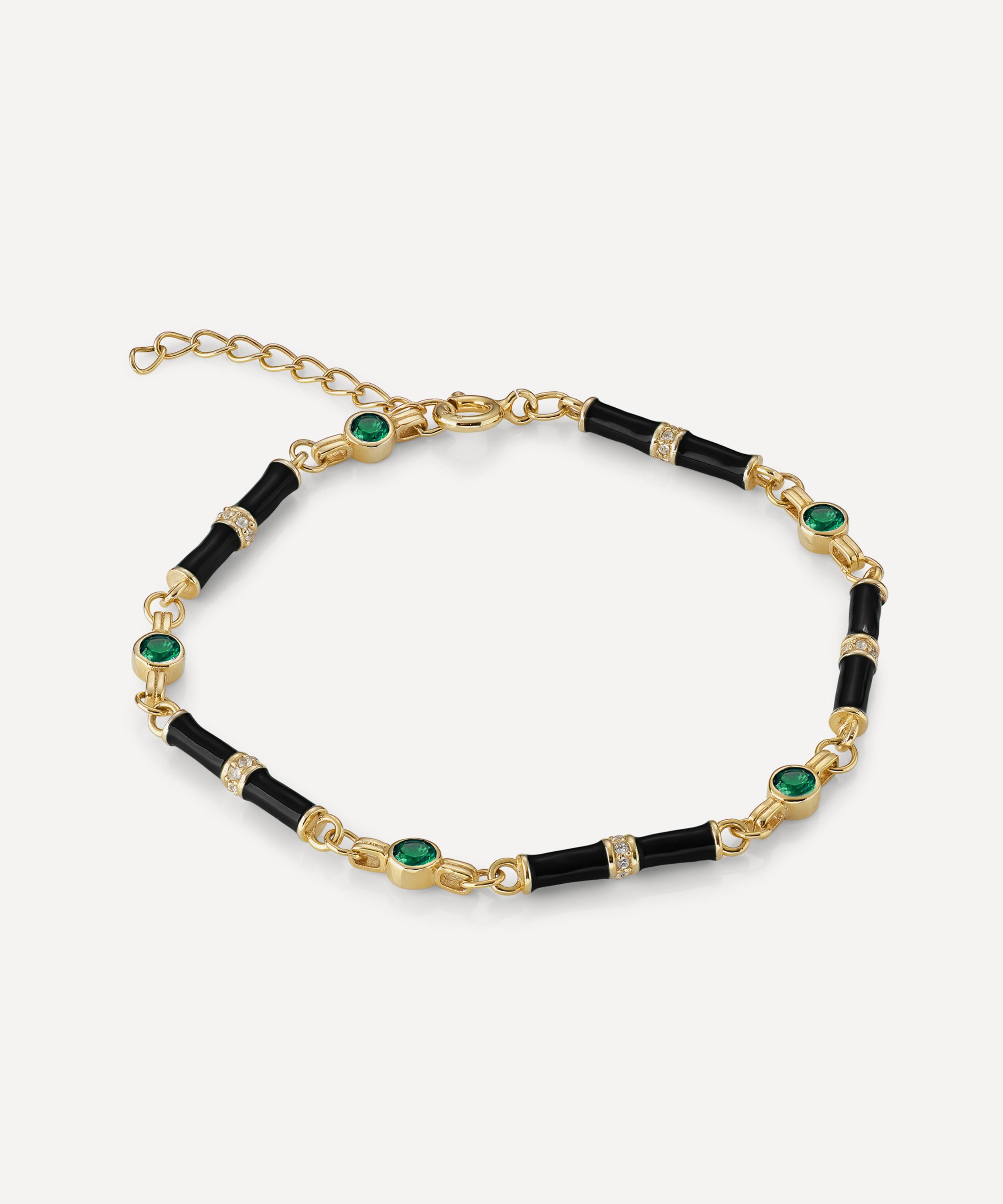 Laura Vann - 18ct Gold-Plated Marlowe Black Enamel and Green Stone Bracelet image number 2