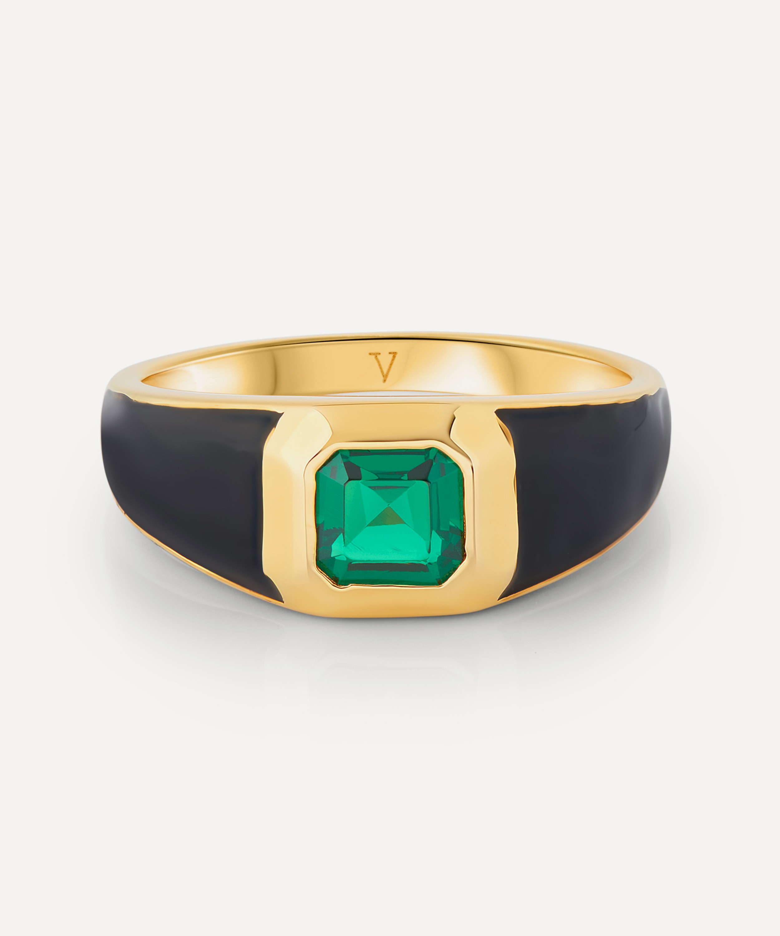 V by Laura Vann - 18ct Gold-Plated Vermeil Silver Sophie Black Enamel and Emerald Signet Ring