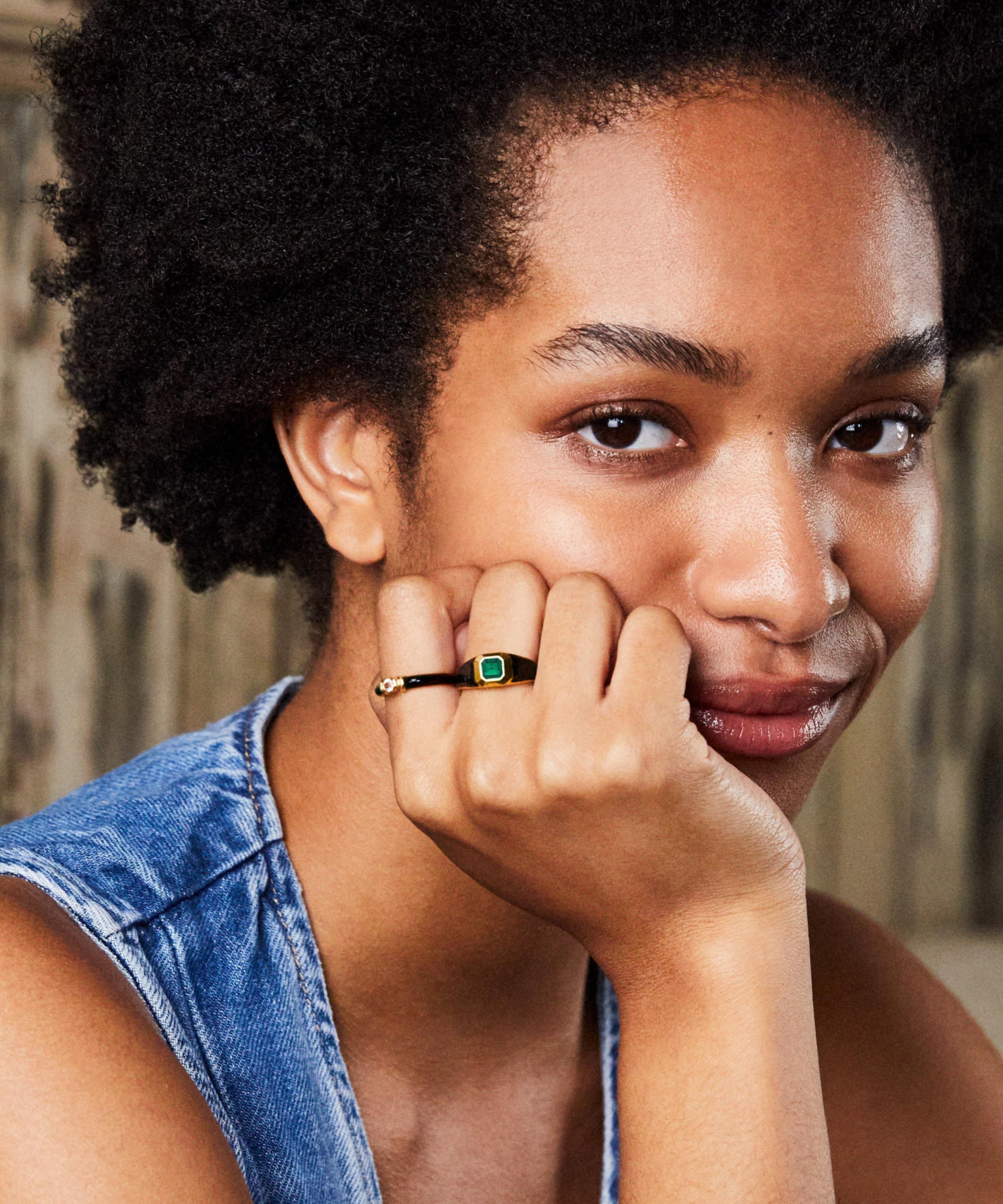 Laura Vann - 18ct Gold-Plated Vermeil Silver Sophie Black Enamel and Emerald Signet Ring image number 1