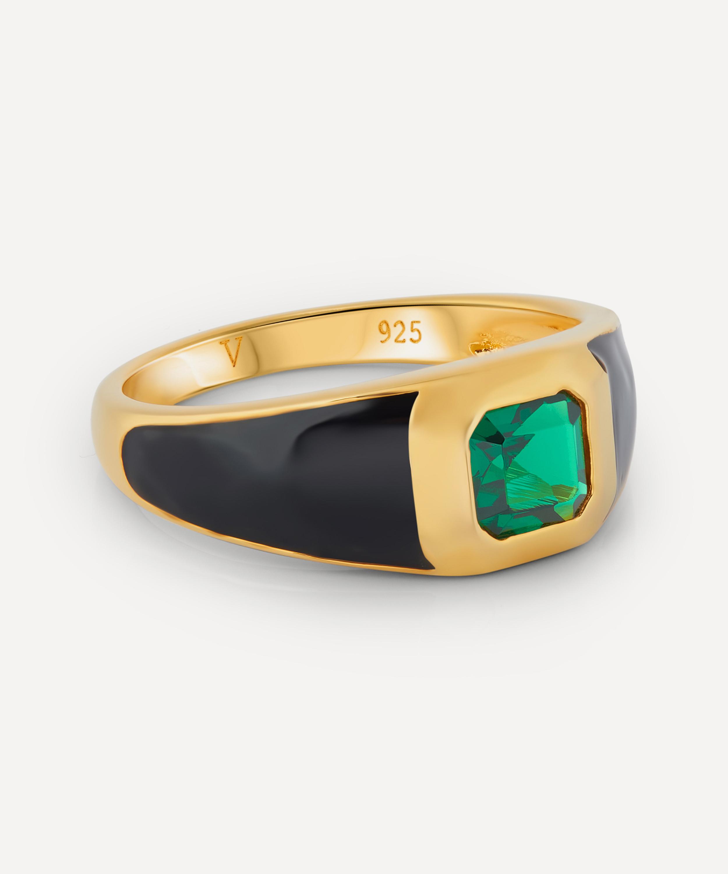 Laura Vann - 18ct Gold-Plated Vermeil Silver Sophie Black Enamel and Emerald Signet Ring image number 2