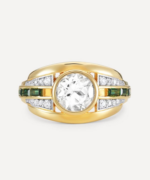 V by Laura Vann - 18ct Gold-Plated Vermeil Silver Olive White Topaz and Green Stone Bombe Ring