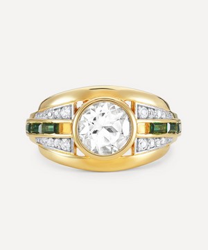 V by Laura Vann - 18ct Gold-Plated Vermeil Silver Olive White Topaz and Green Stone Bombe Ring image number 0