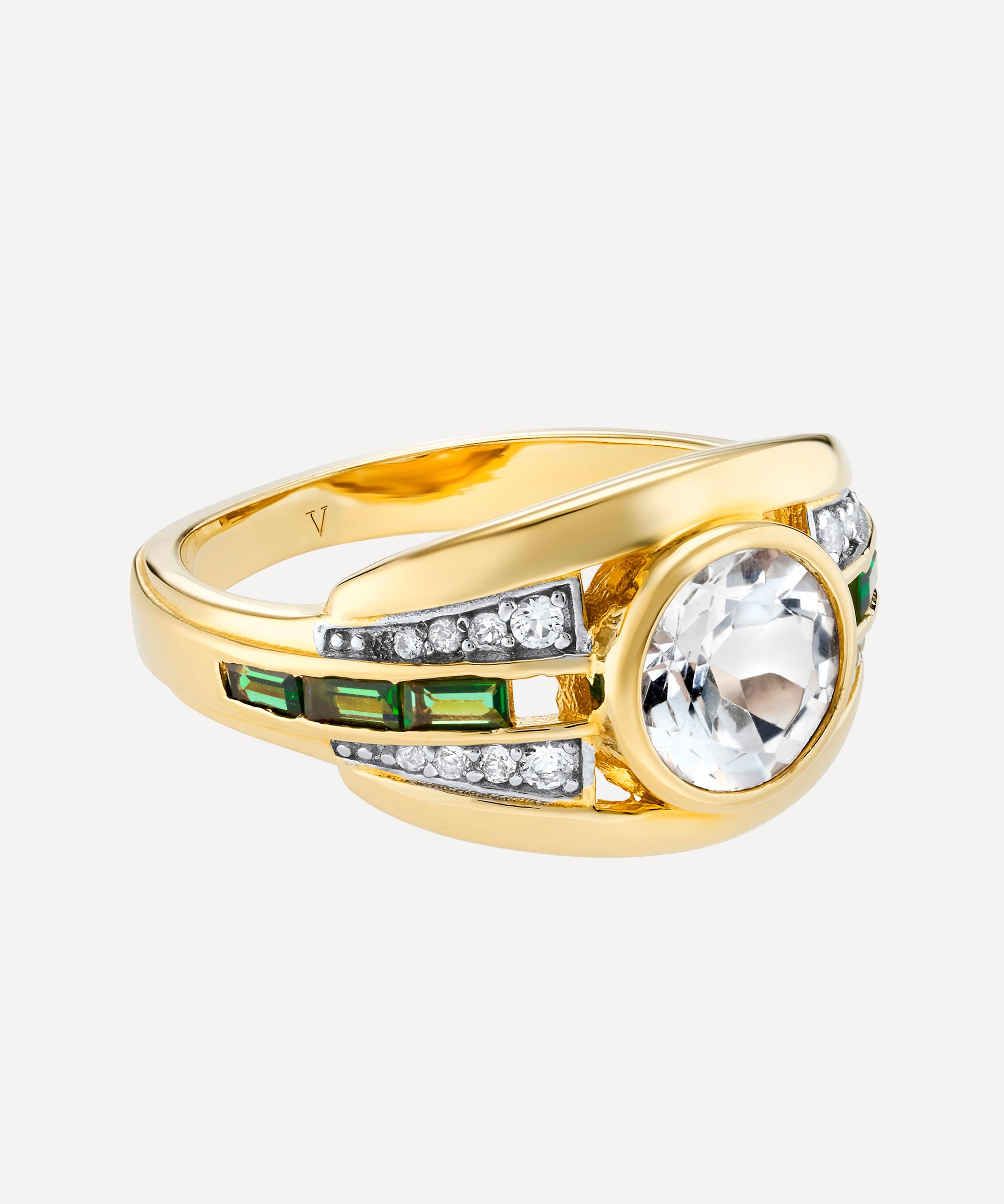 Laura Vann - 18ct Gold-Plated Vermeil Silver Olive White Topaz and Green Stone Bombe Ring image number 2