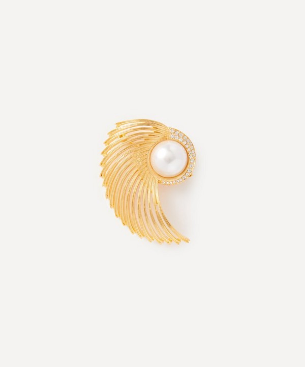 Kenneth Jay Lane - Gold-Plated Rhinestone Pearl Centre Wing Brooch image number null