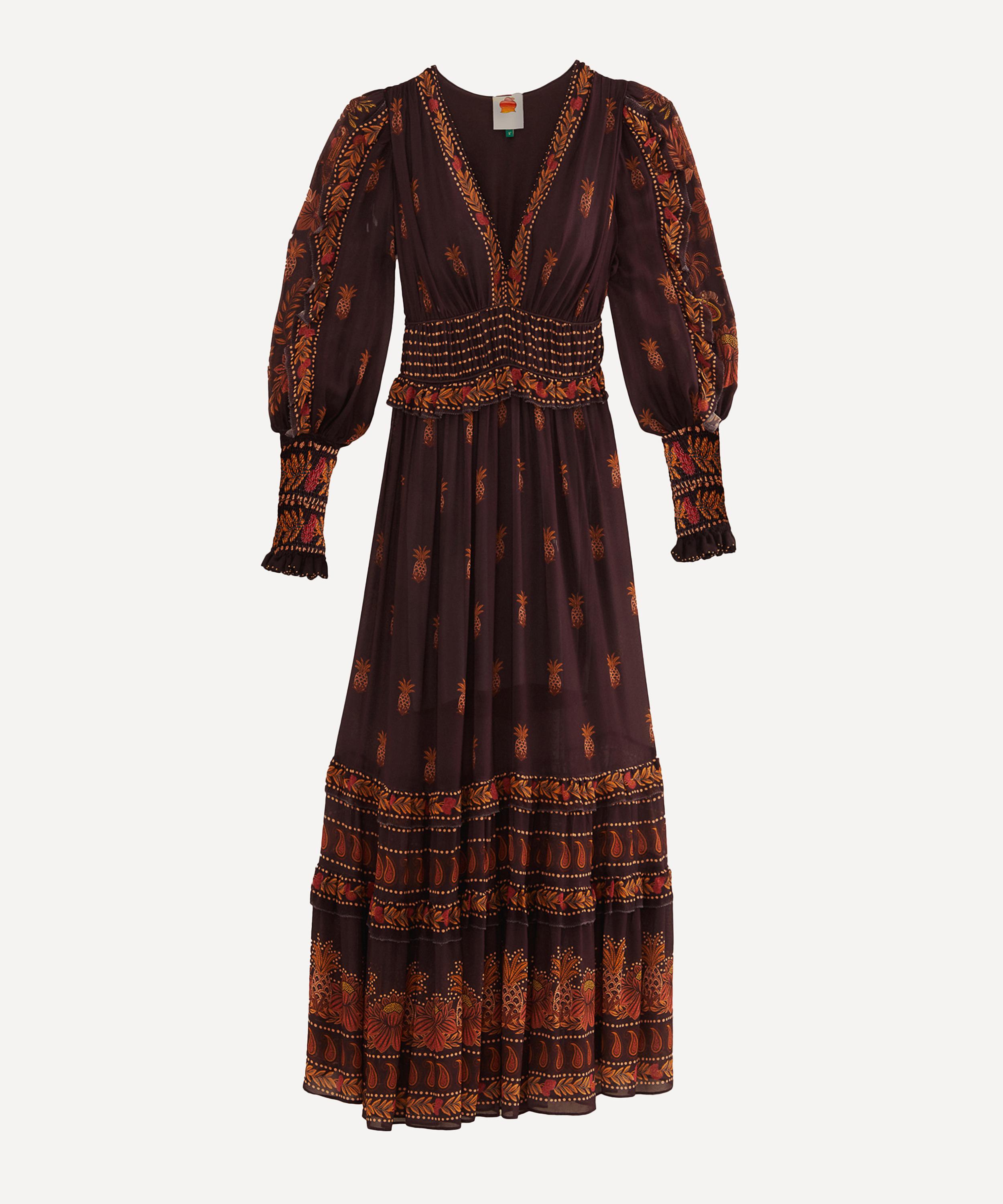 FARM Rio Brown Paisley Bloom Long Sleeve Maxi Dress Liberty