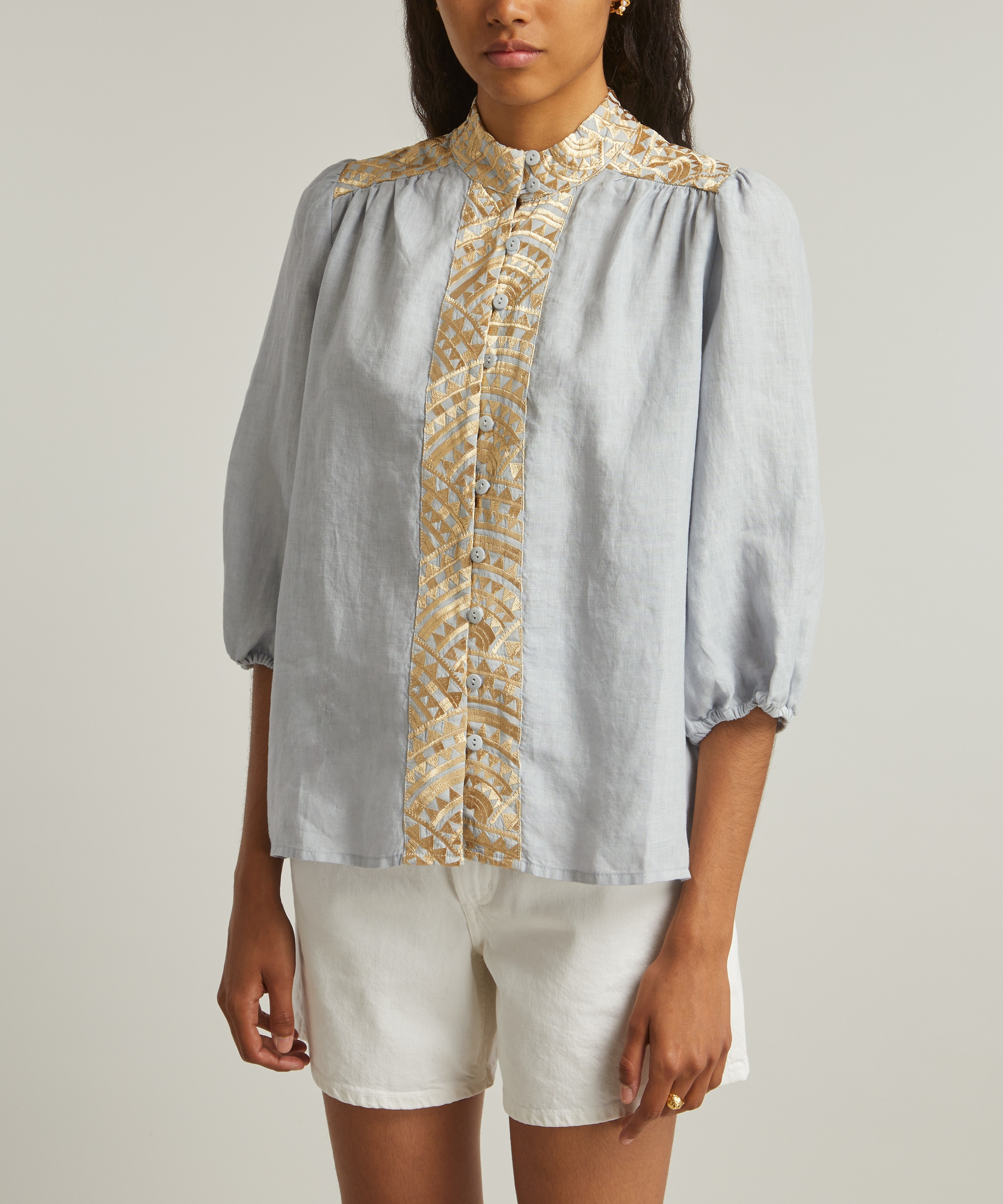 Kori - Linen Puff Sleeve Embroidered Shirt image number 2