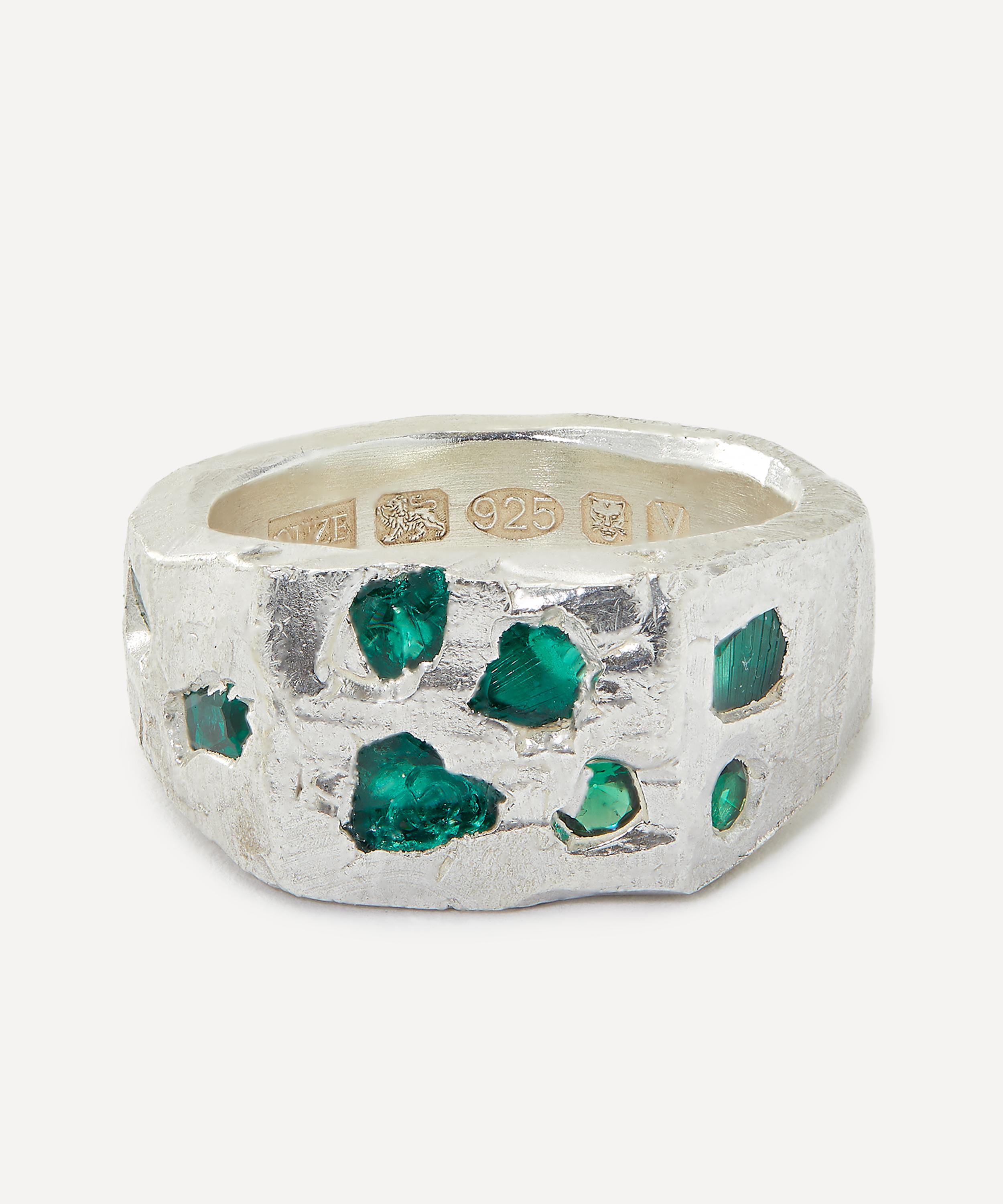 The Ouze - Sterling Silver Emerald Scatter Signet Ring image number 