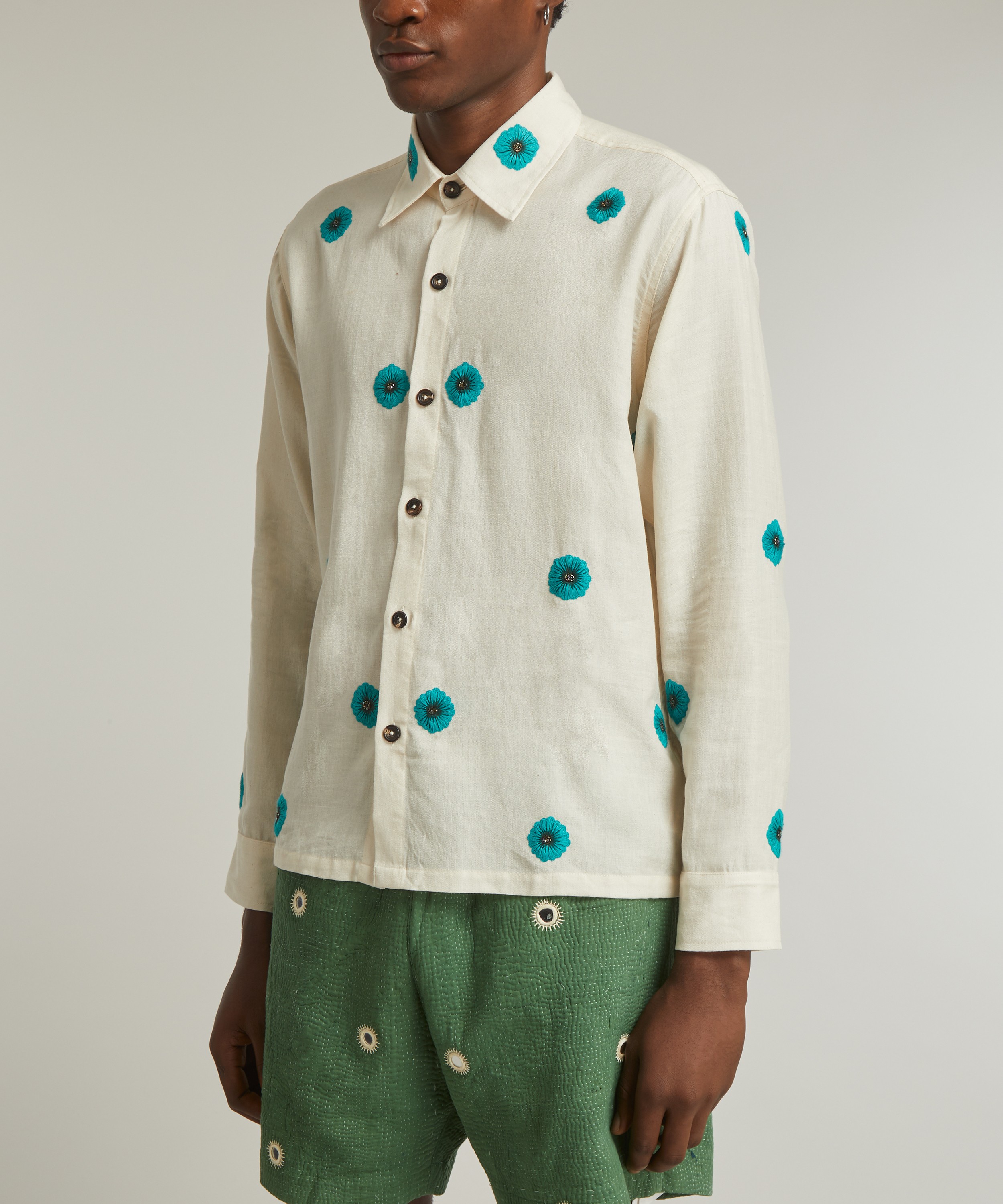 Kartik Research - Hand-Embroidered Teal Floral Shirt image number 2