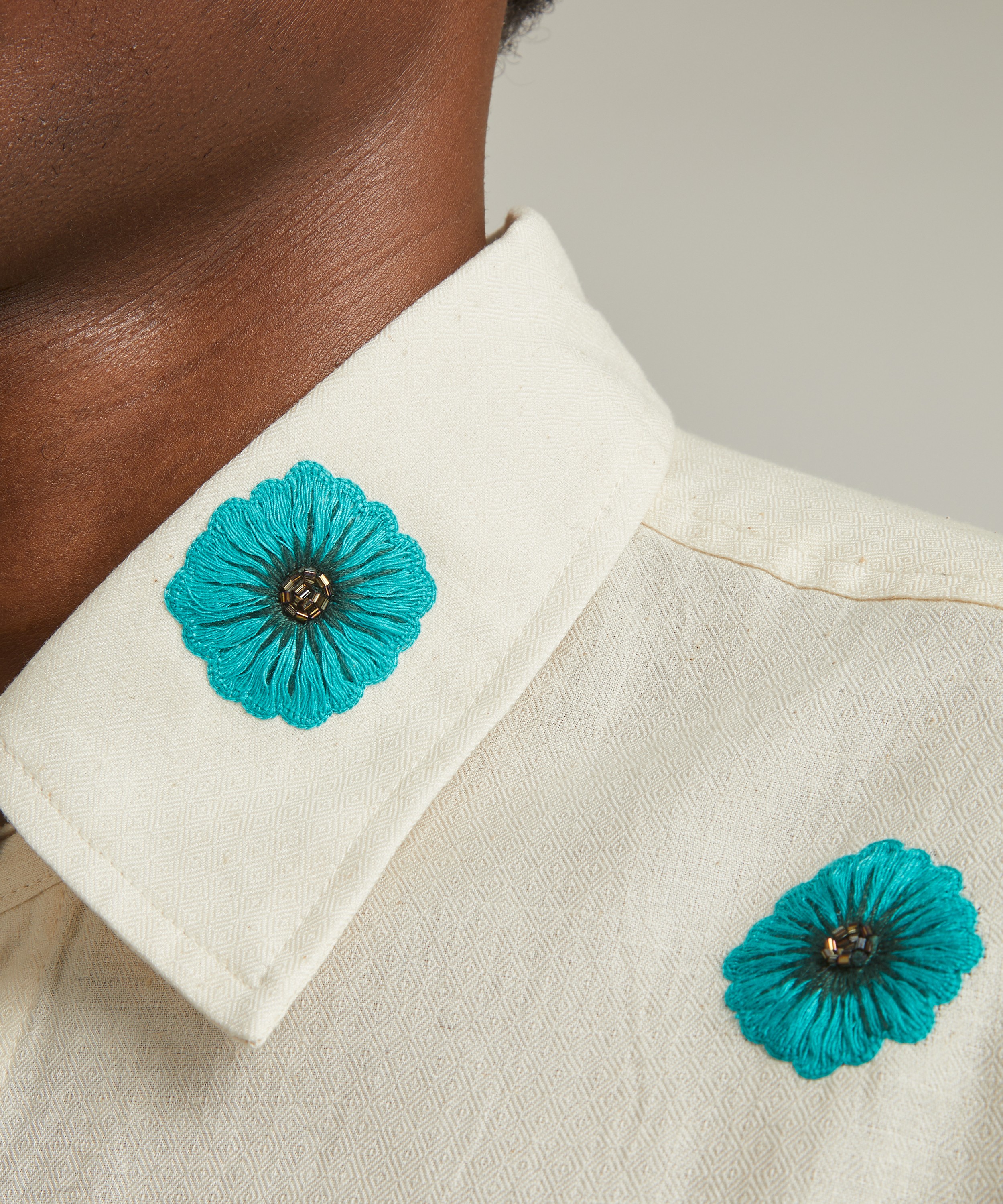 Kartik Research - Hand-Embroidered Teal Floral Shirt image number 4