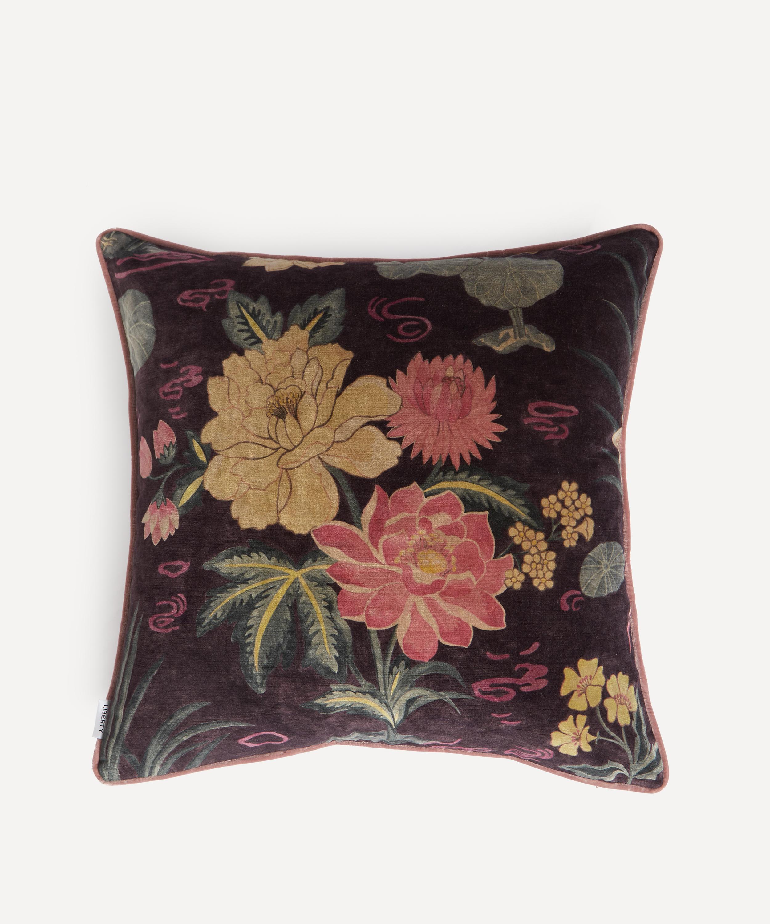 Liberty - Lotus Garden Velvet Square Cushion in Brinjal image number 0