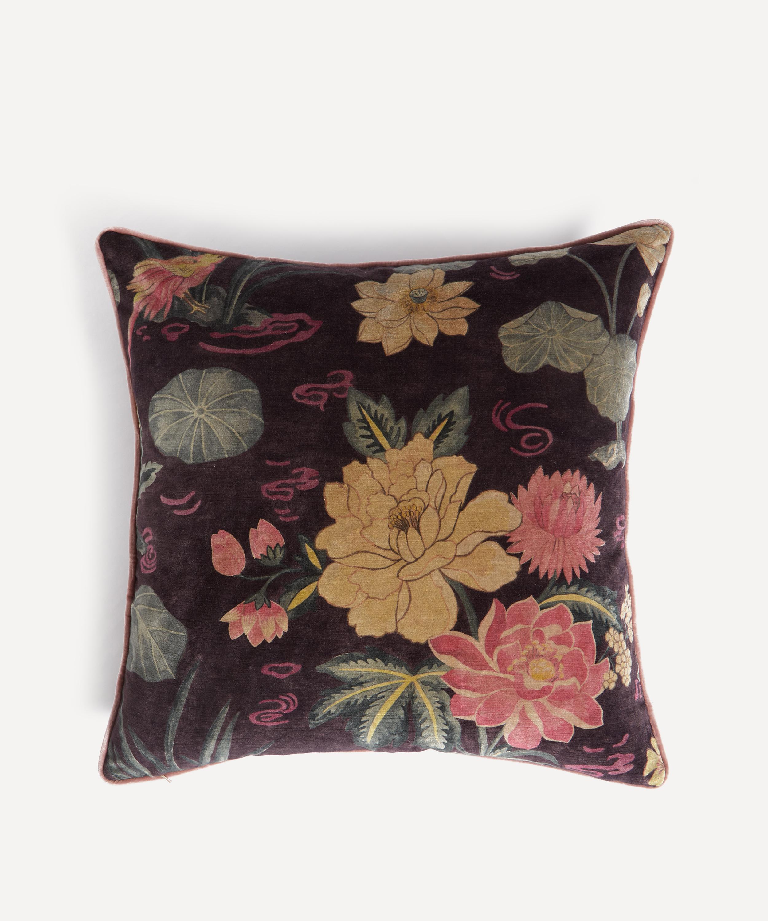 Liberty - Lotus Garden Velvet Square Cushion in Brinjal image number 2