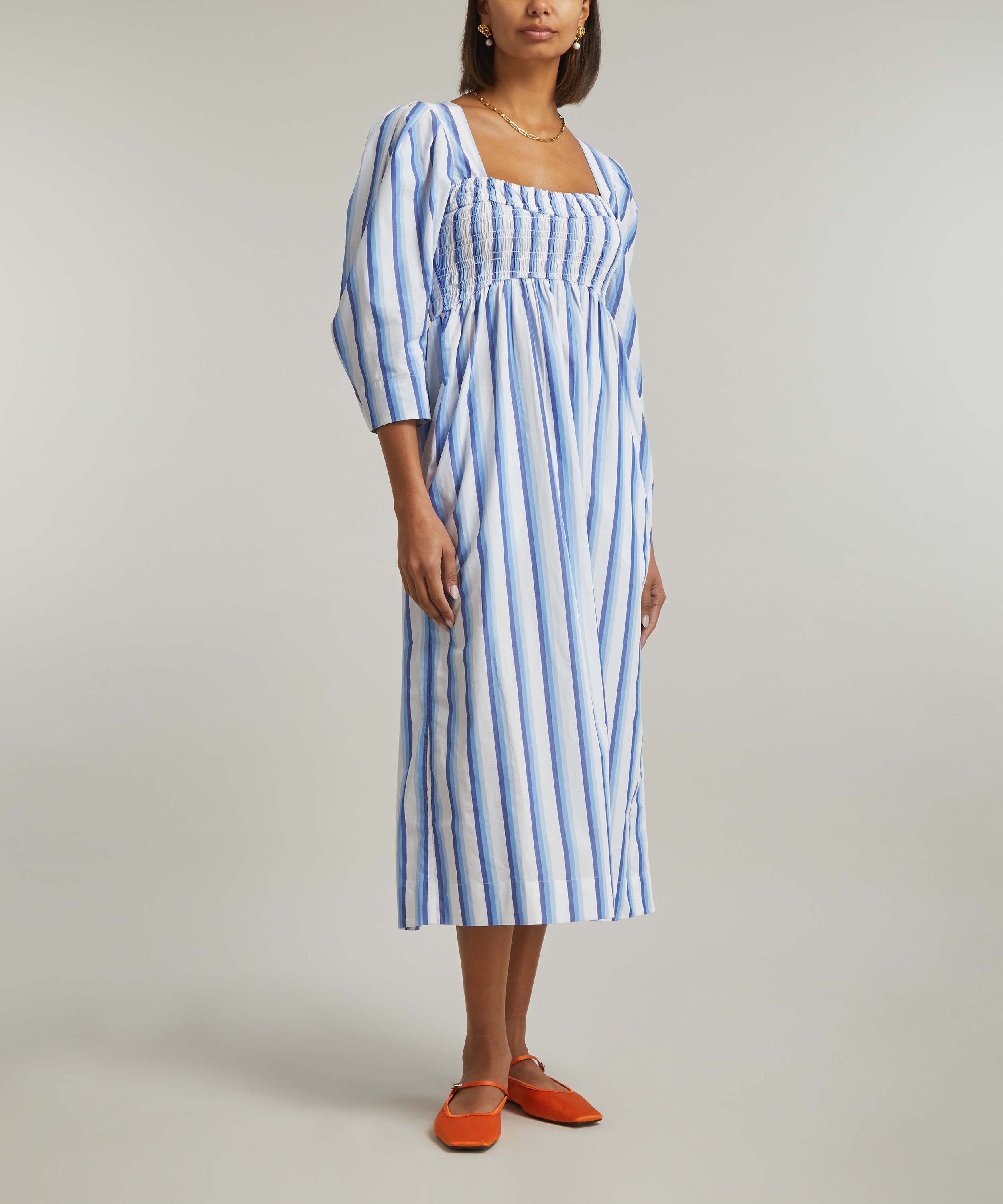 Ganni - Striped Cotton Smock Long Dress image number 2