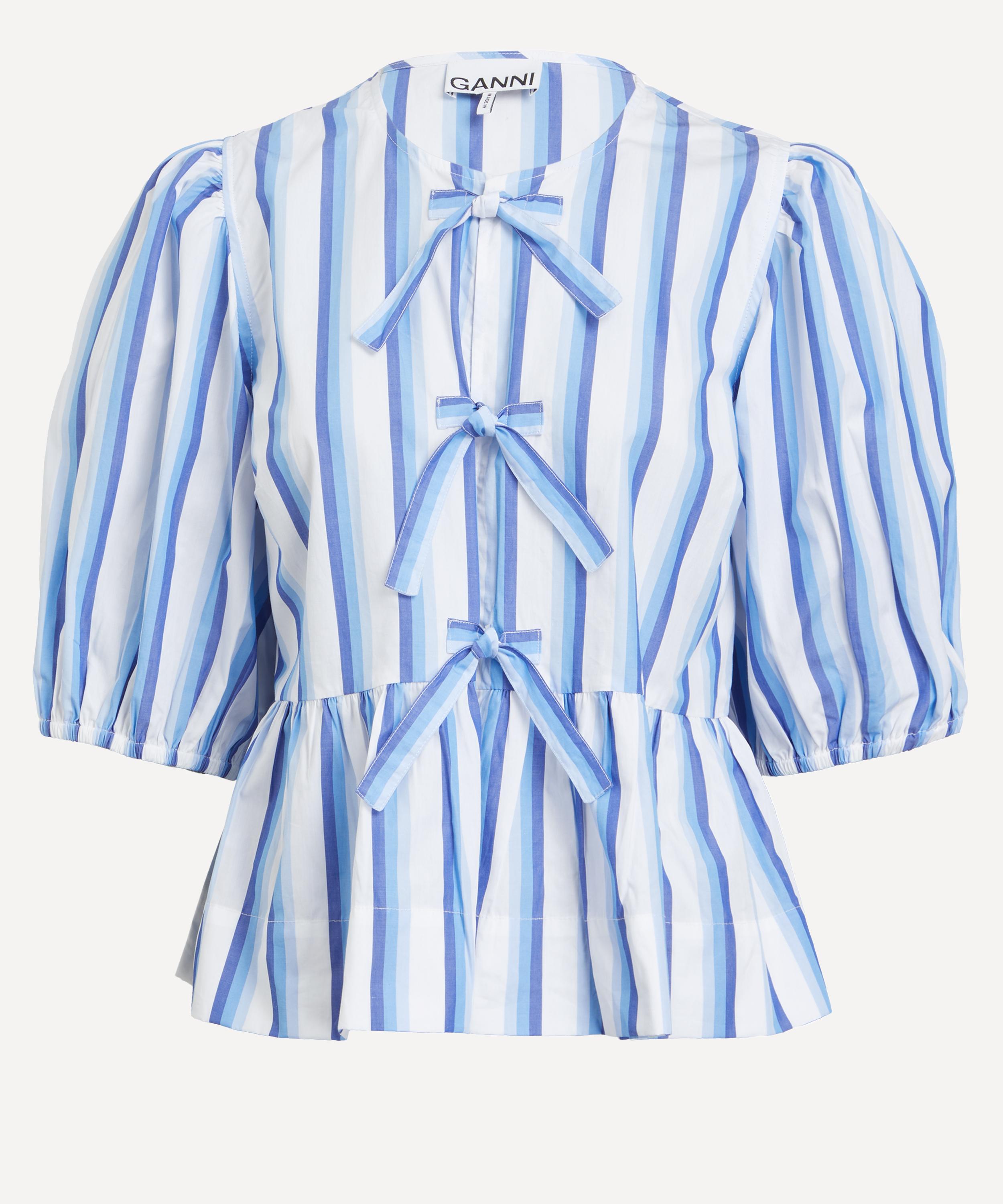 Ganni Striped Cotton Poplin Peplum Tie Blouse | Liberty