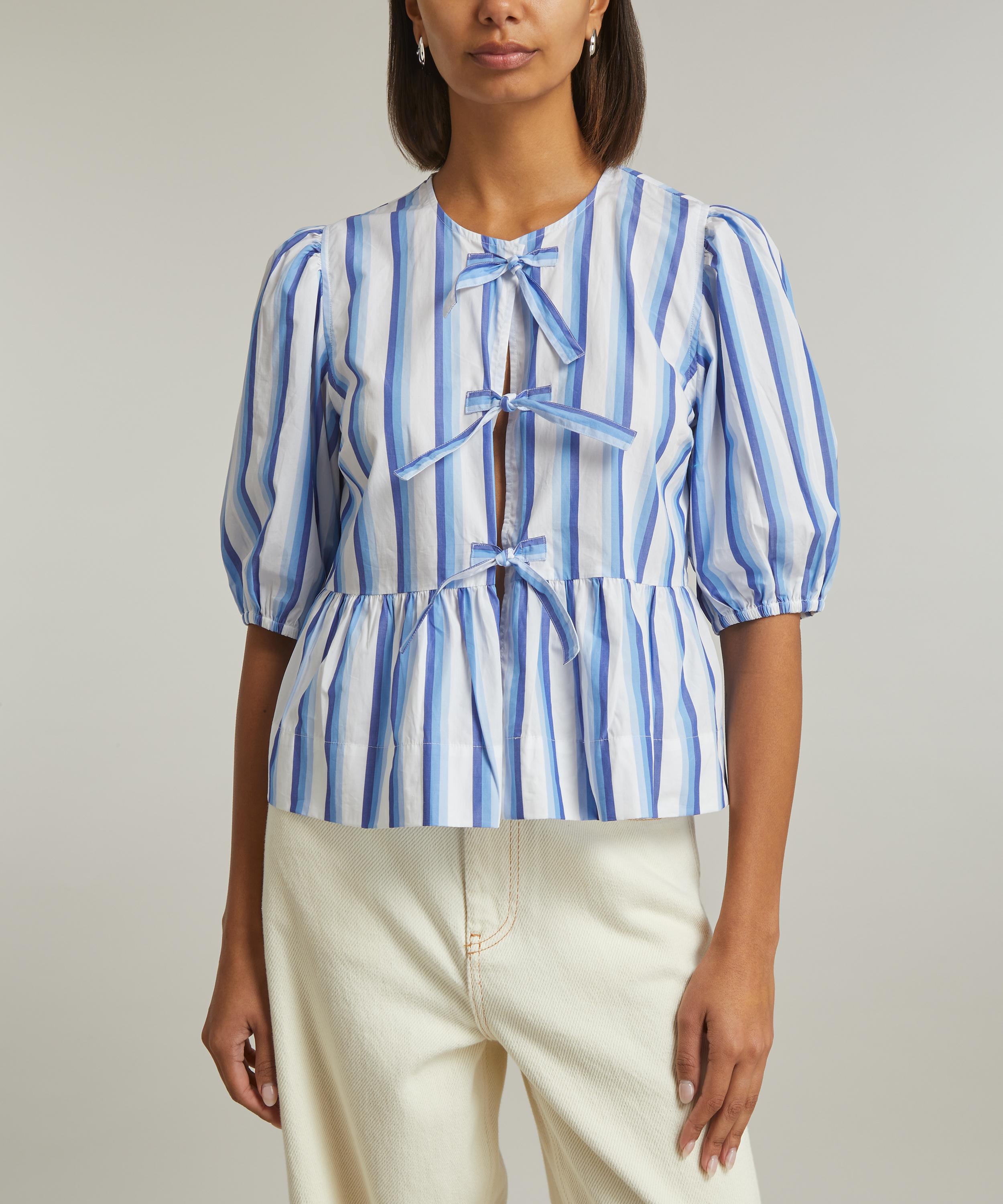 Ganni - Striped Cotton Poplin Peplum Tie Blouse image number 2