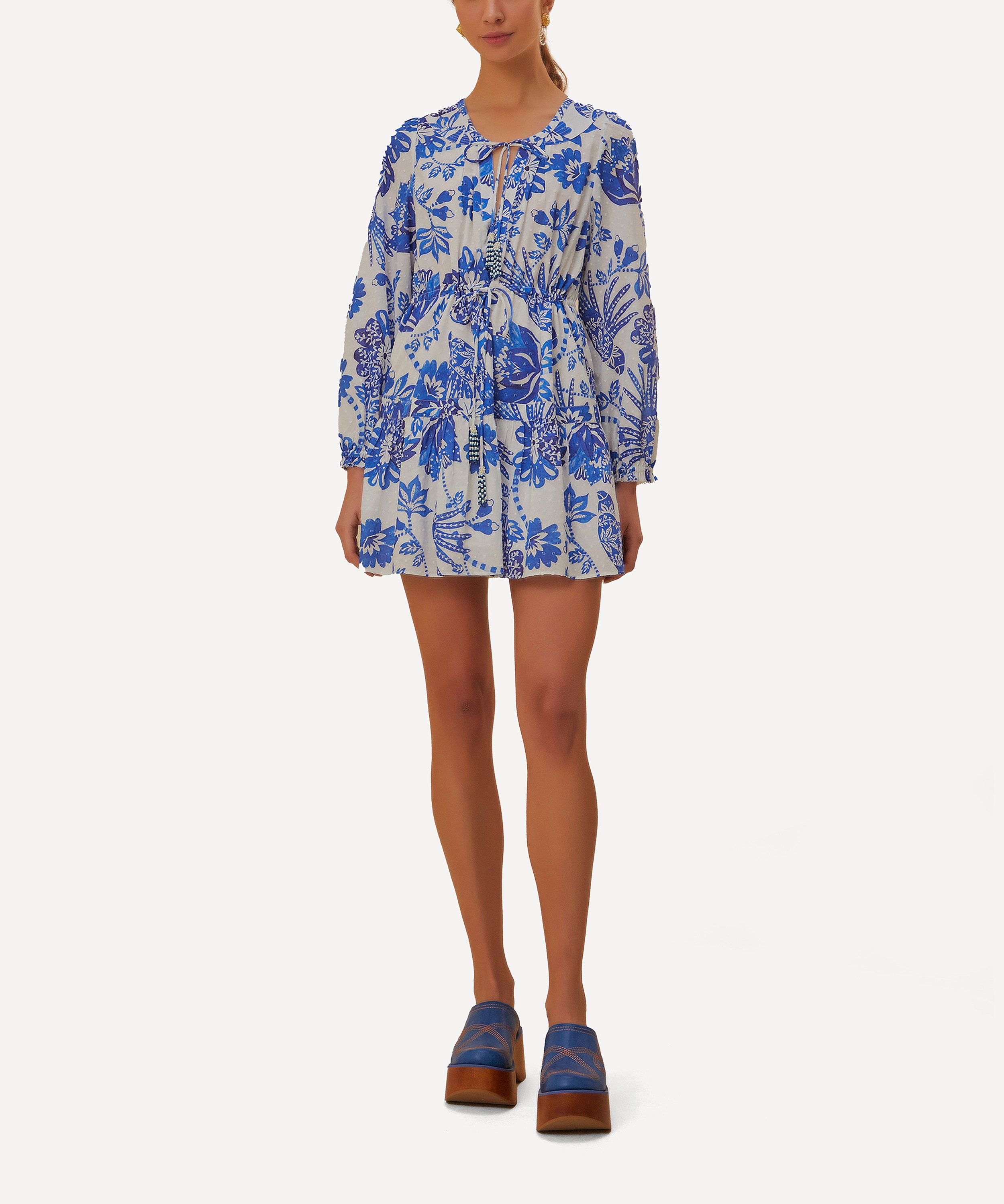 FARM Rio - Off-White Flowerful Birds Long-Sleeve Mini Dress image number 1