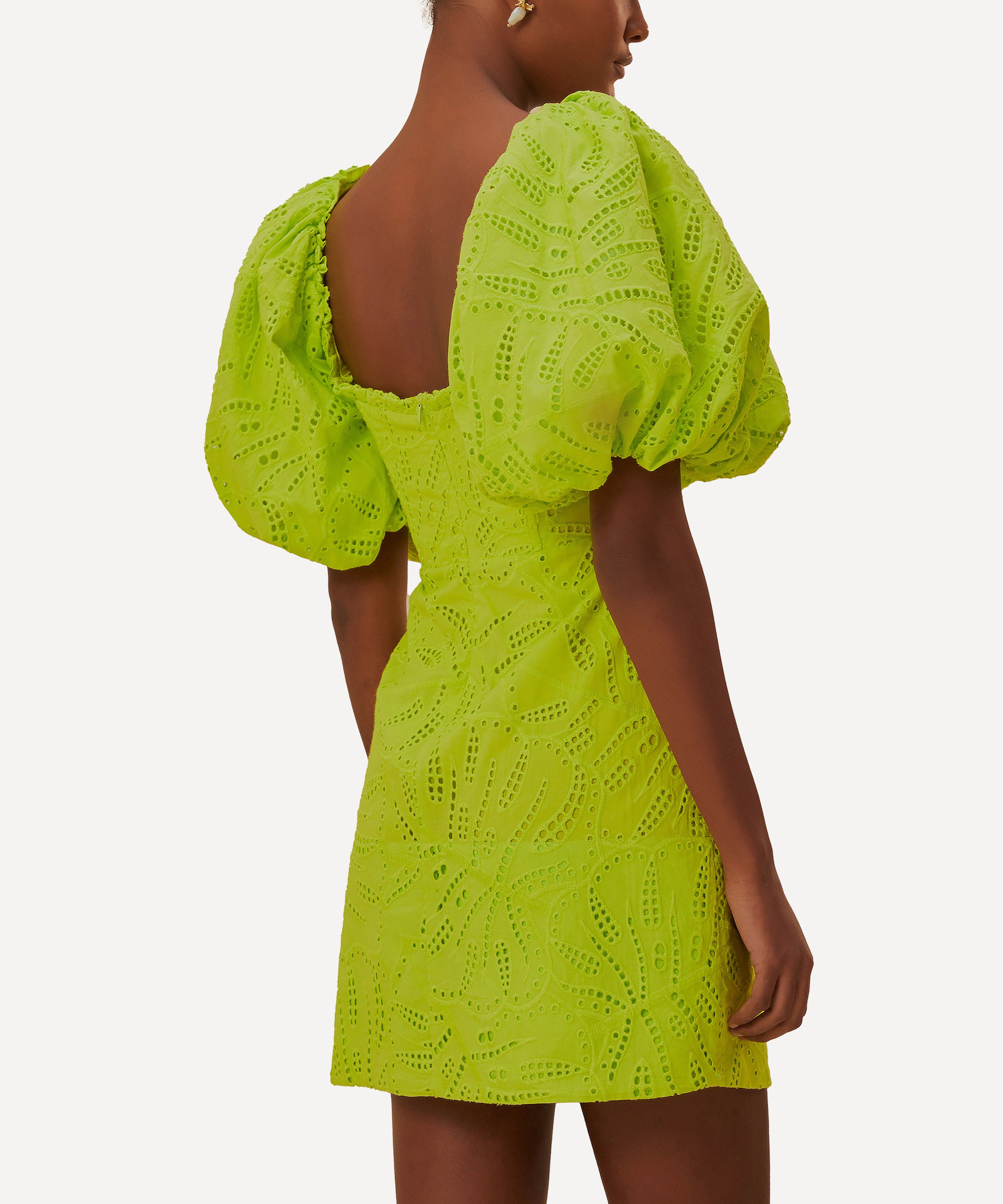 FARM Rio - Green Monstera Eyelet Short Sleeve Mini Dress image number 1