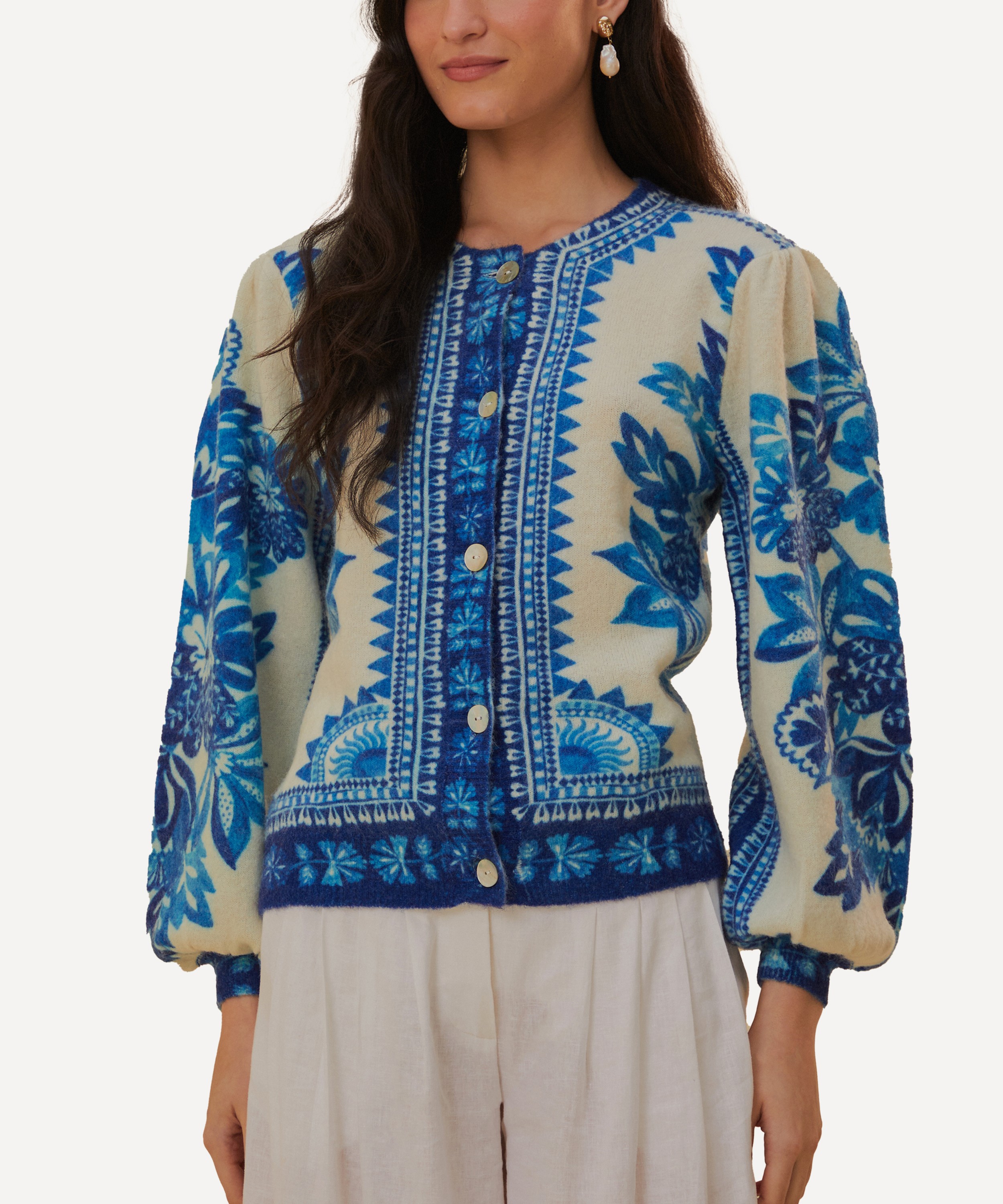 FARM Rio - Off-White Flora Tapestry Knit Cardigan image number 1