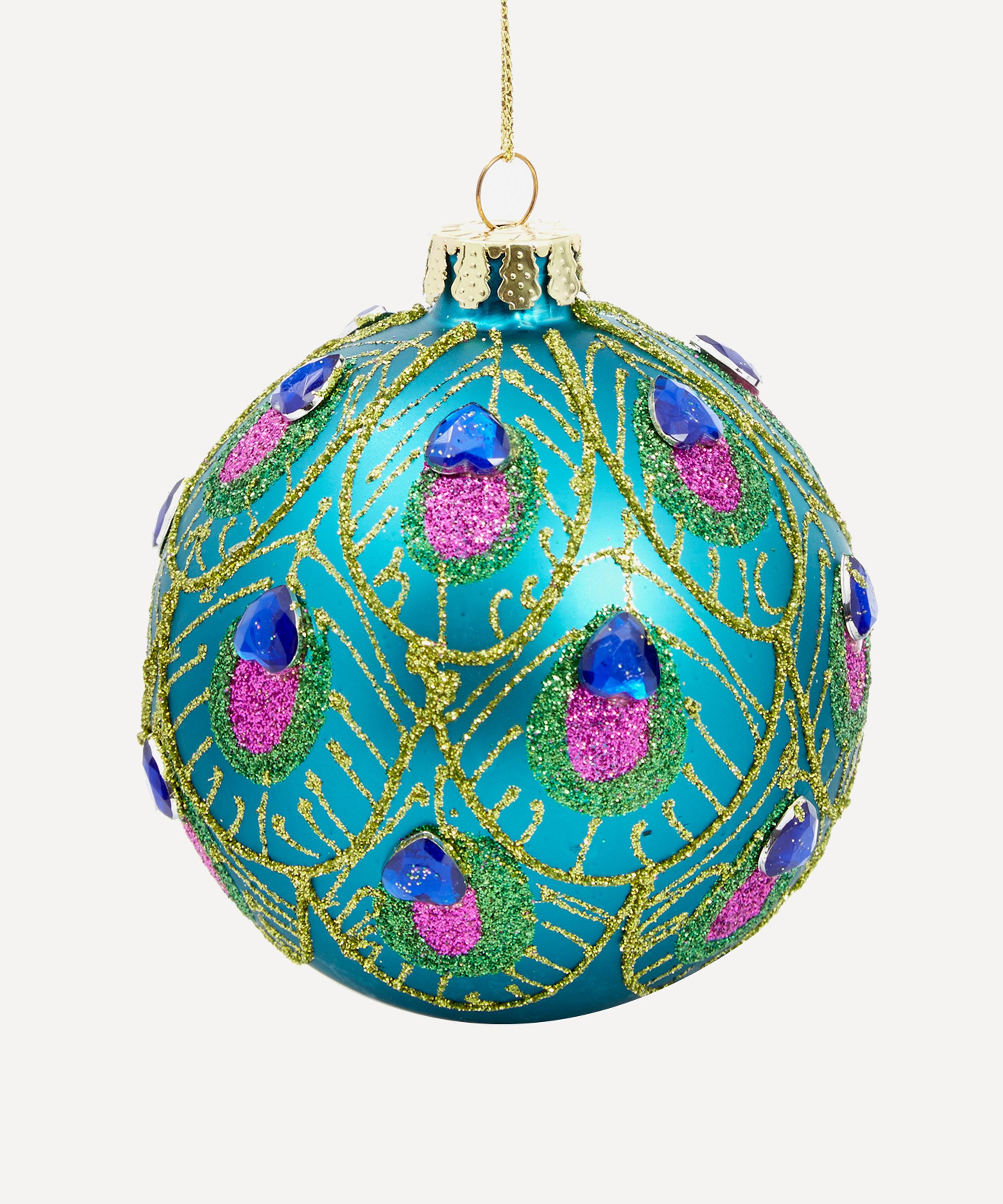 Christmas - Peacock Feather Scalloped Glass Bauble