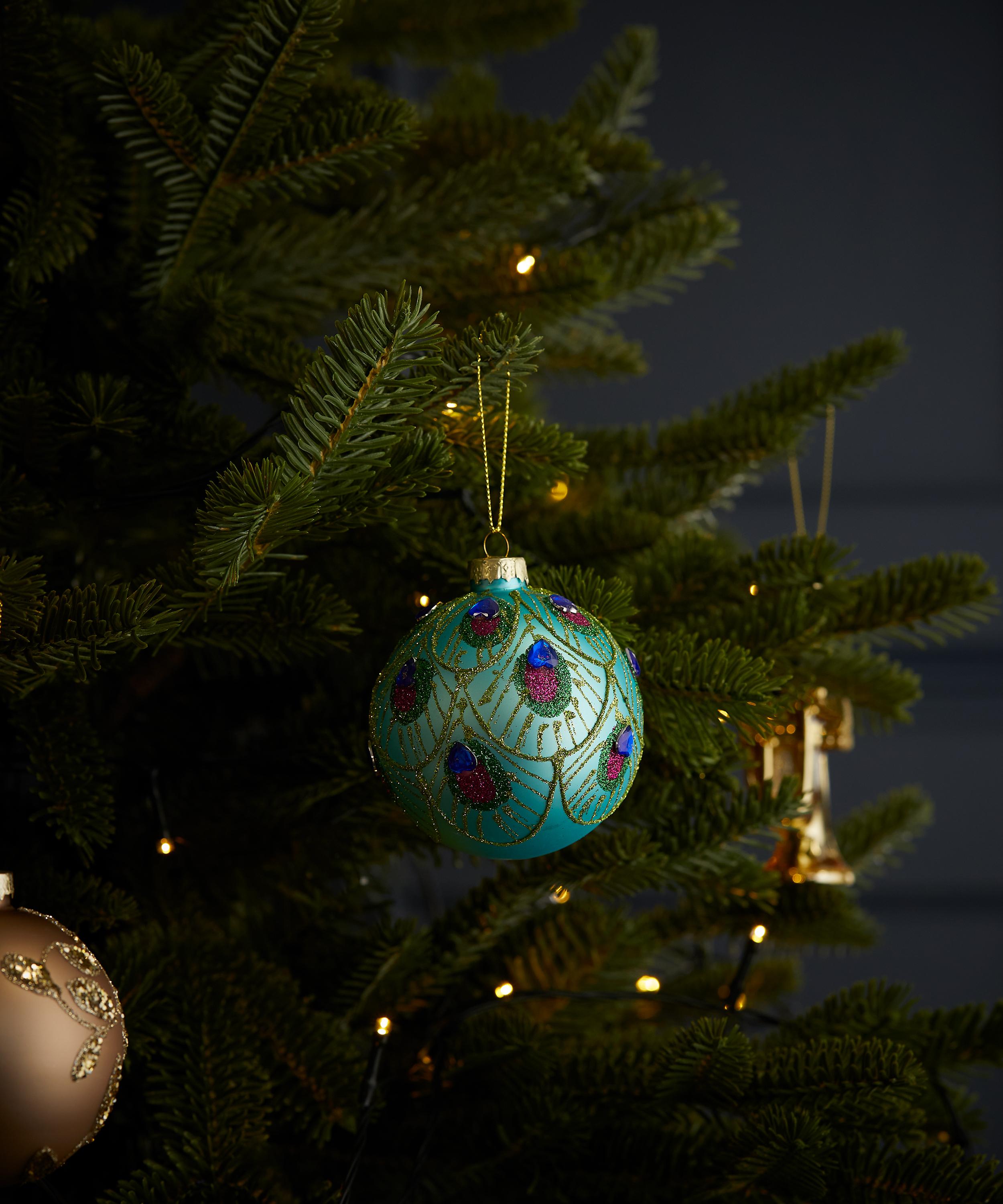 Christmas - Peacock Feather Scalloped Glass Bauble image number 1