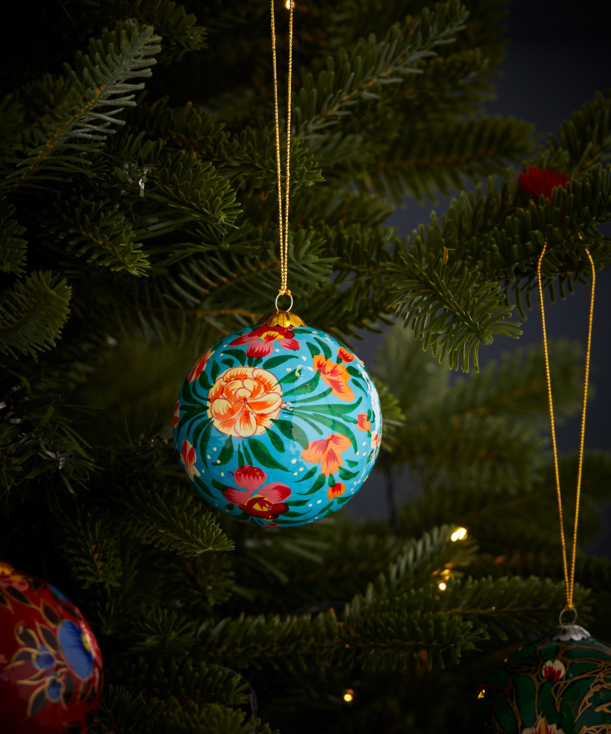 Christmas - Turquoise Blooms Papier-Mâché Bauble image number 1