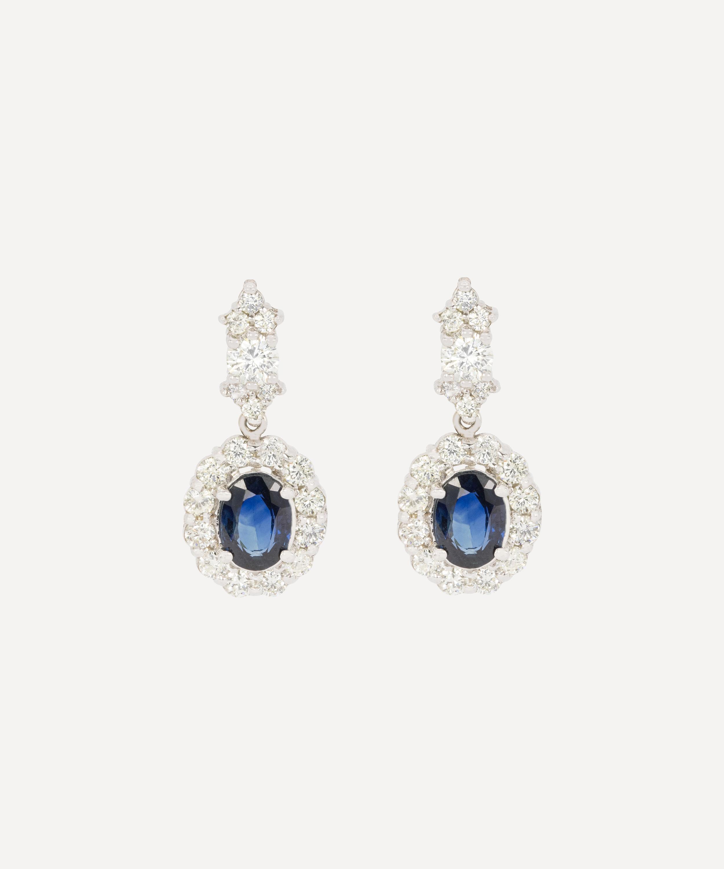 Kojis - 14ct White Gold Sapphire and Diamond Cluster Drop Earrings