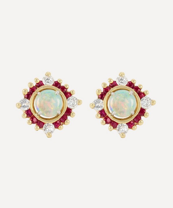 Kojis - 14ct Gold Opal and Diamond Cluster Stud Earrings image number null