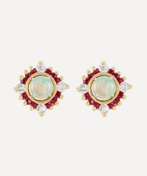 Kojis - 14ct Gold Opal and Diamond Cluster Stud Earrings image number 0