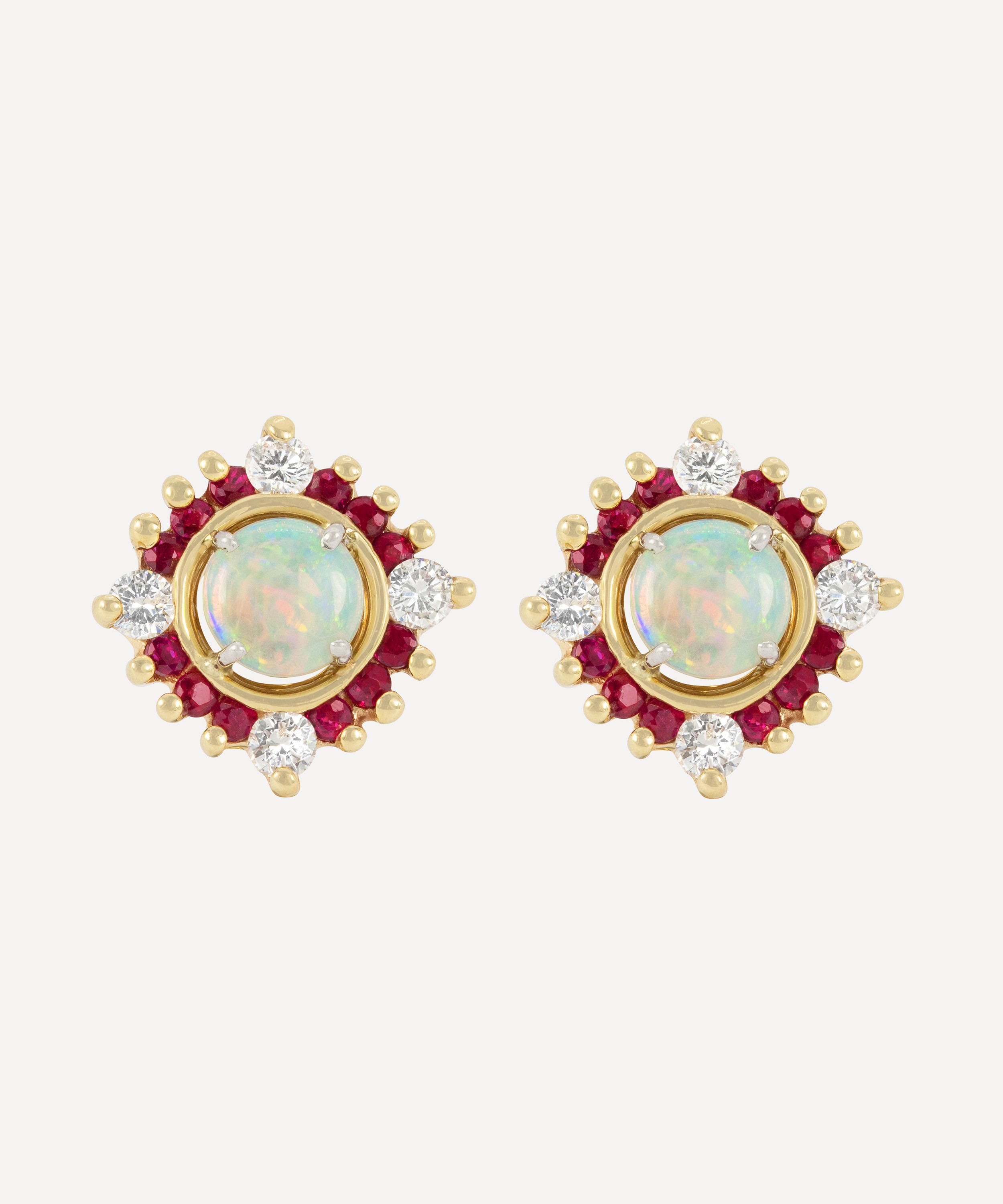 Kojis - 14ct Gold Opal and Diamond Cluster Stud Earrings