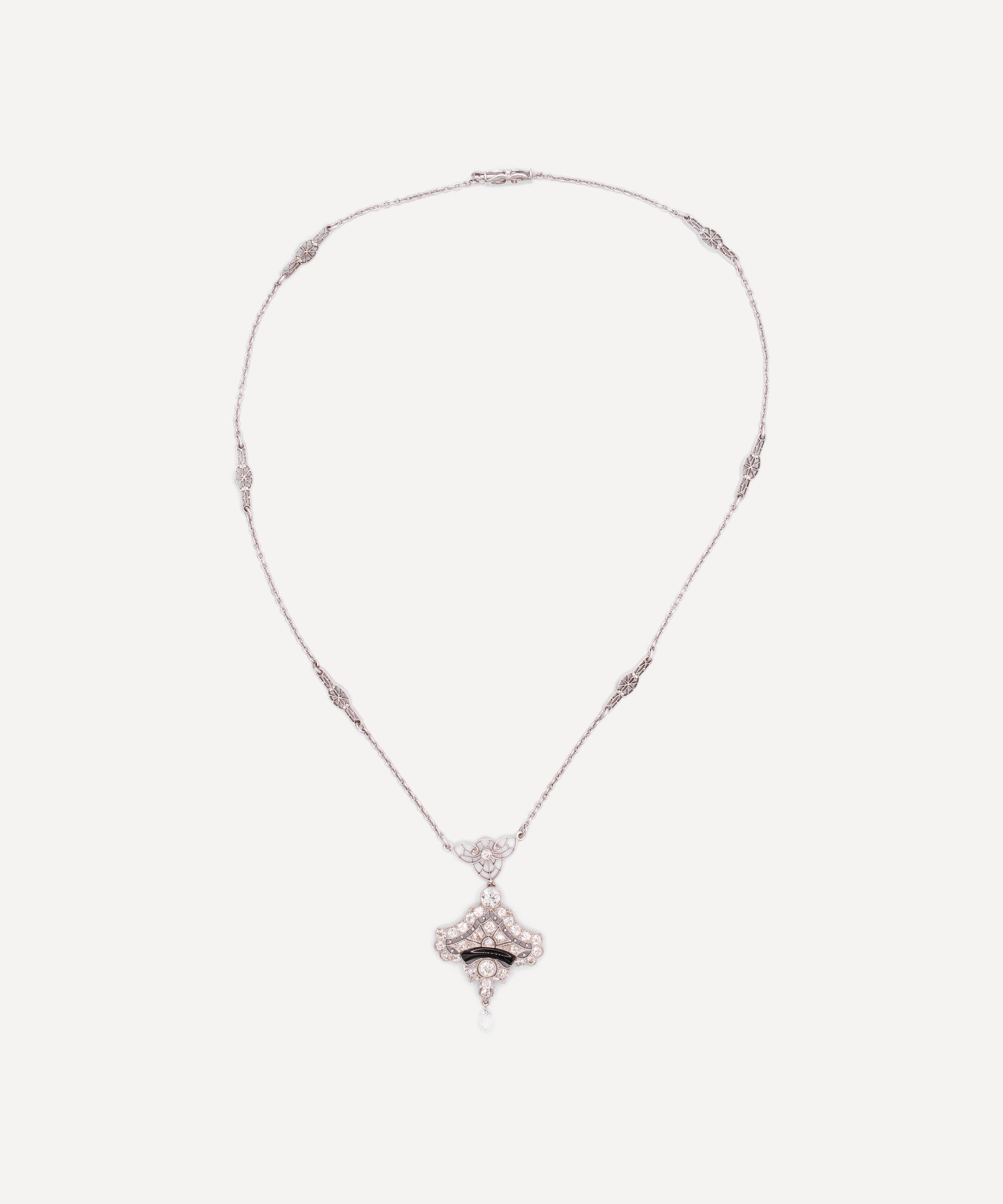 Kojis - 14ct White Gold Art Deco Onyx and Diamond Pendant Necklace image number 1