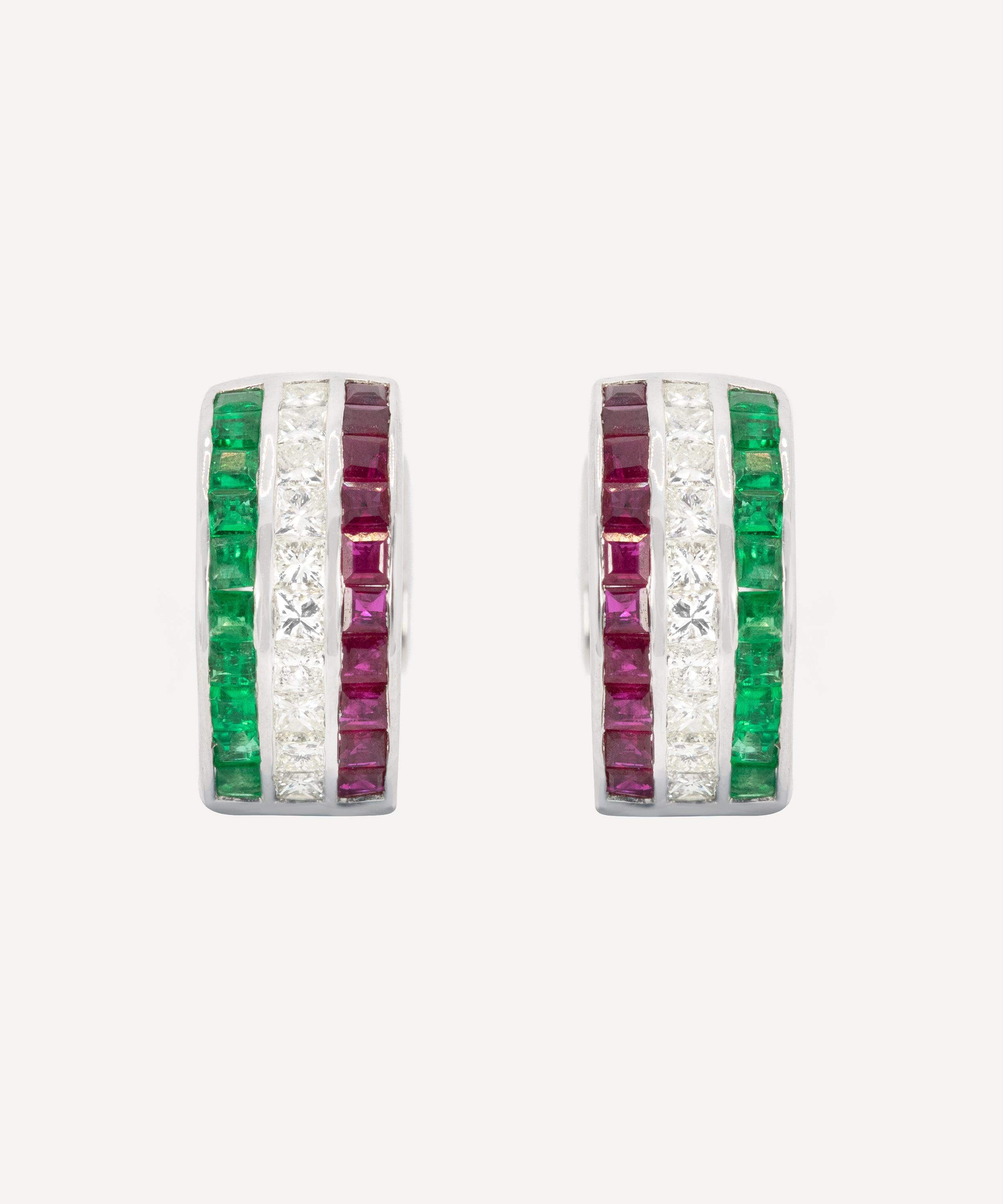 Kojis - 18ct White Gold Gemstone and Diamond Huggie Hoop Earrings