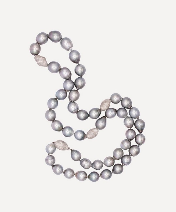 Kojis - 18ct White Gold Long Tahitian Pearl and Diamond Bead Necklace