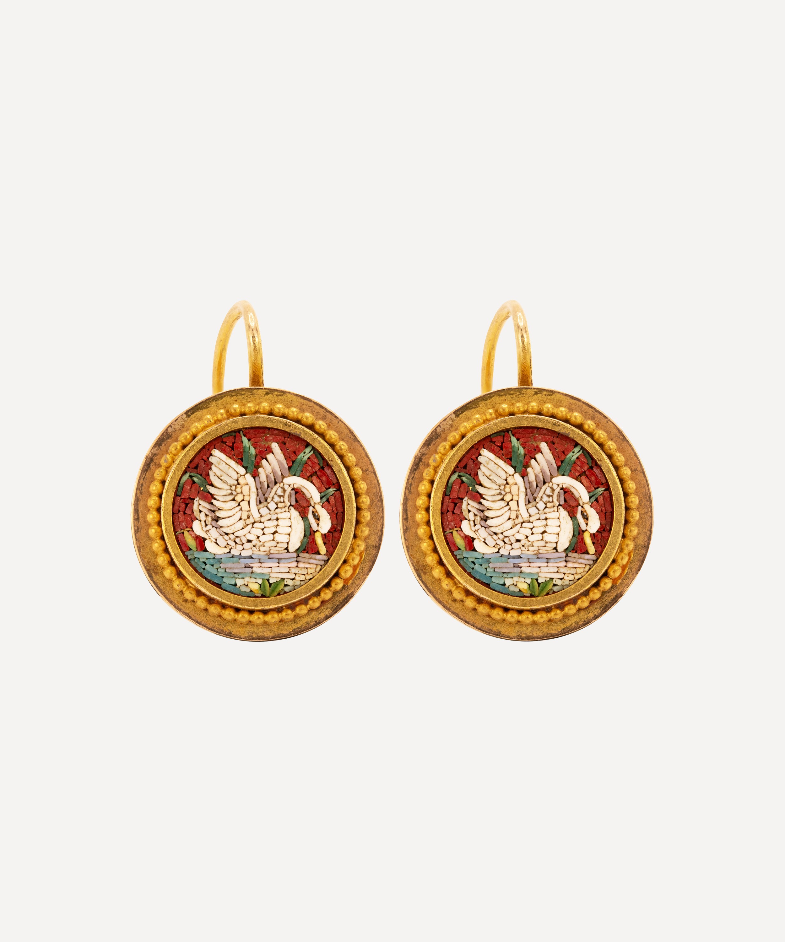 Kojis - 14ct Gold Antique Micro Mosaic Swan Drop Earrings image number 0
