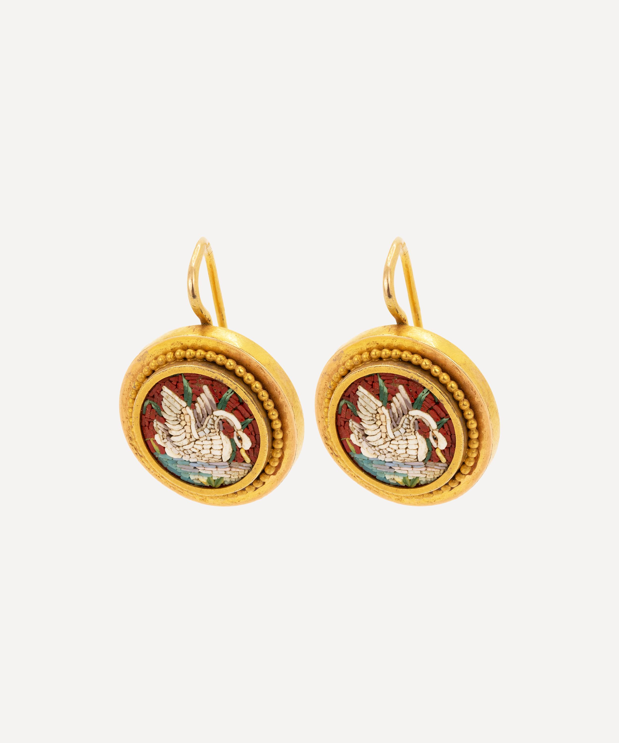 Kojis - 14ct Gold Antique Micro Mosaic Swan Drop Earrings image number 1