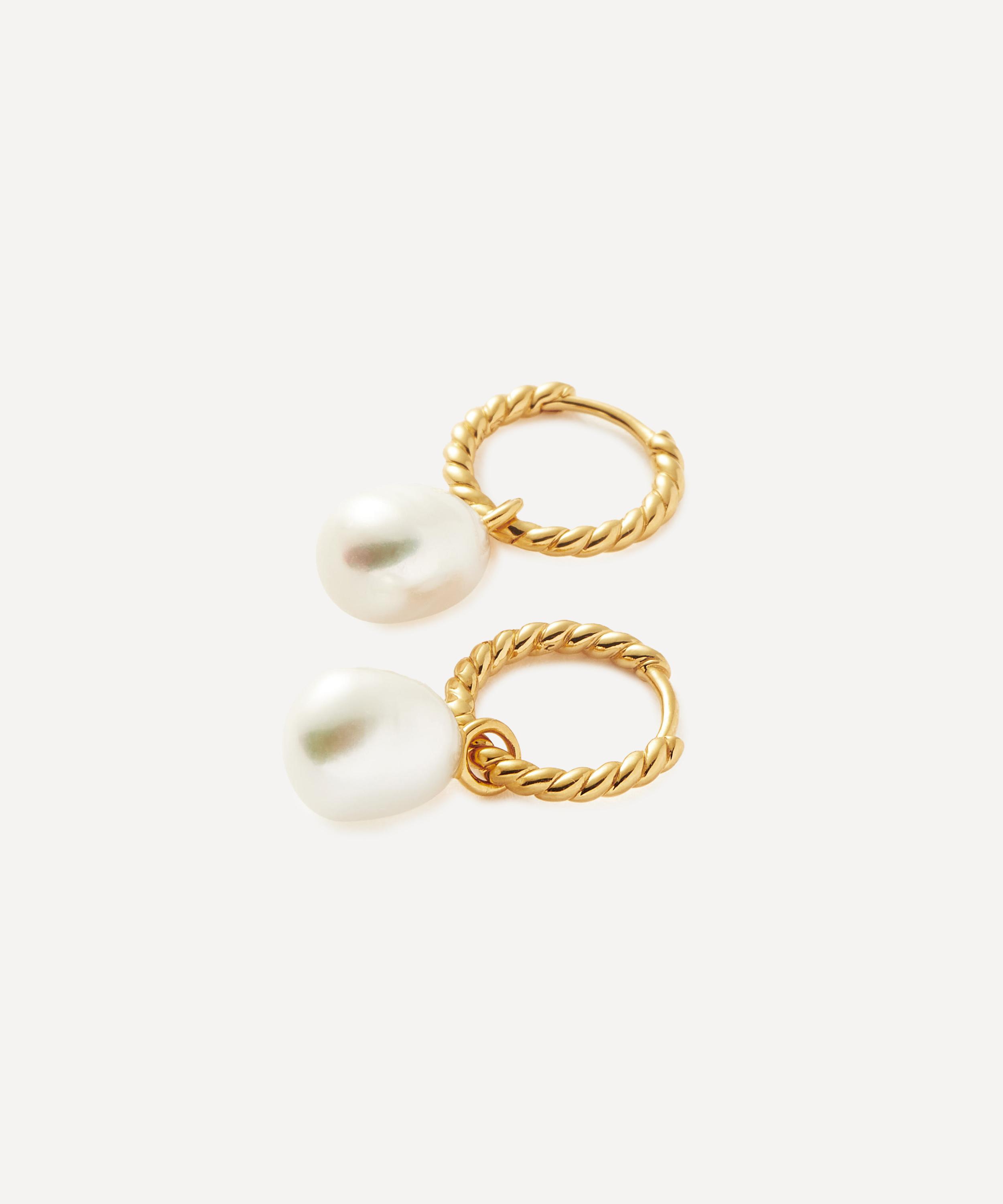 Missoma - 18ct Gold-Plated Vermeil Silver Pearl Twisted Small Drop Hoop Earrings image number 2