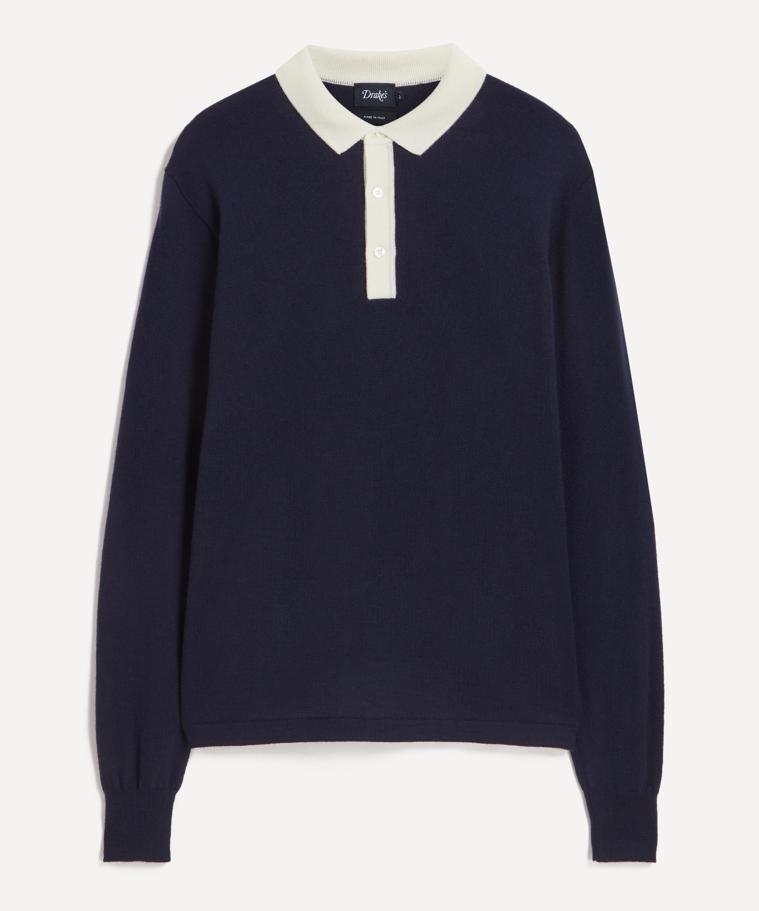 Drakes - Navy Merino Wool Knitted Rugby Shirt image number 0