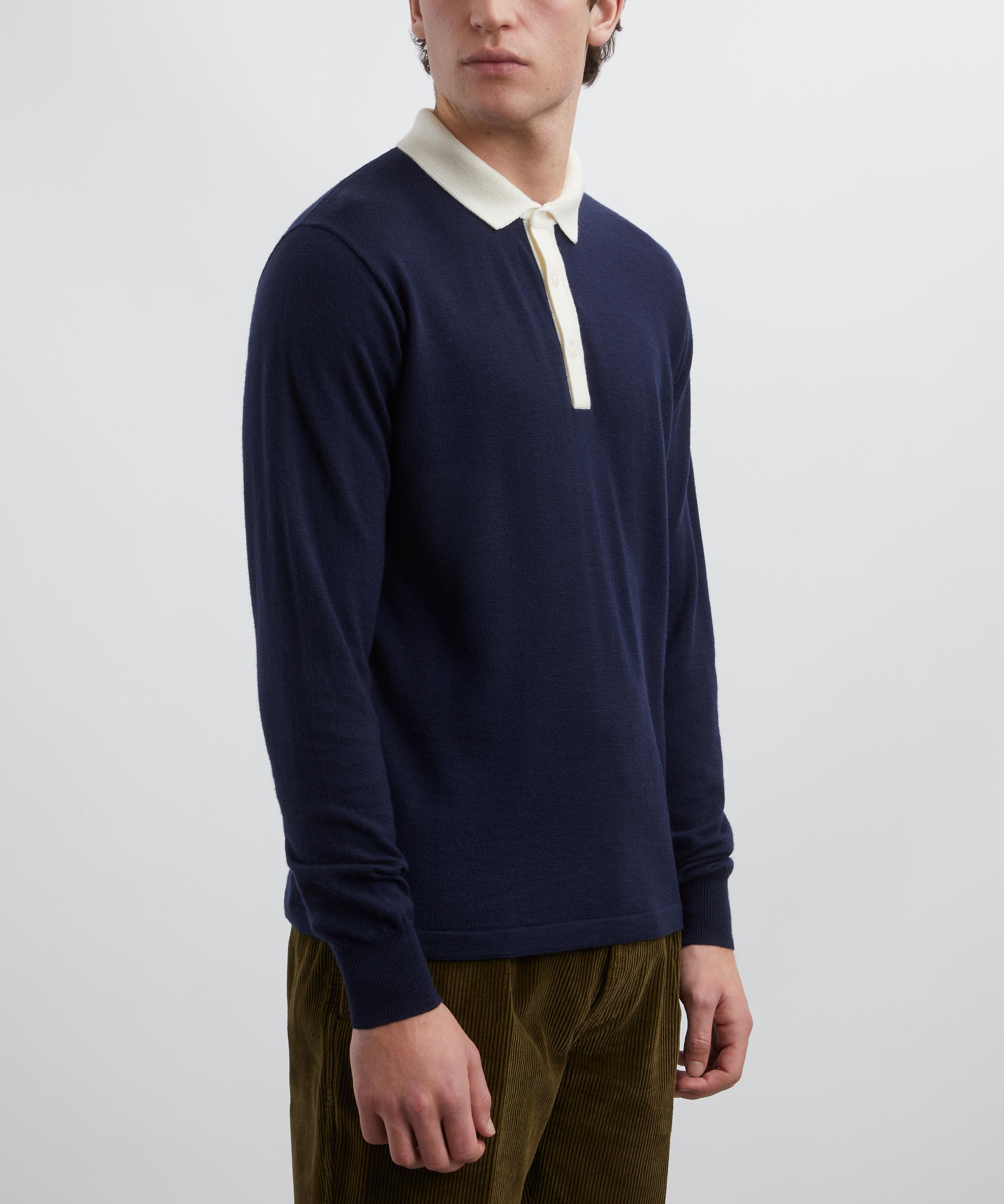 Drakes - Navy Merino Wool Knitted Rugby Shirt image number 2