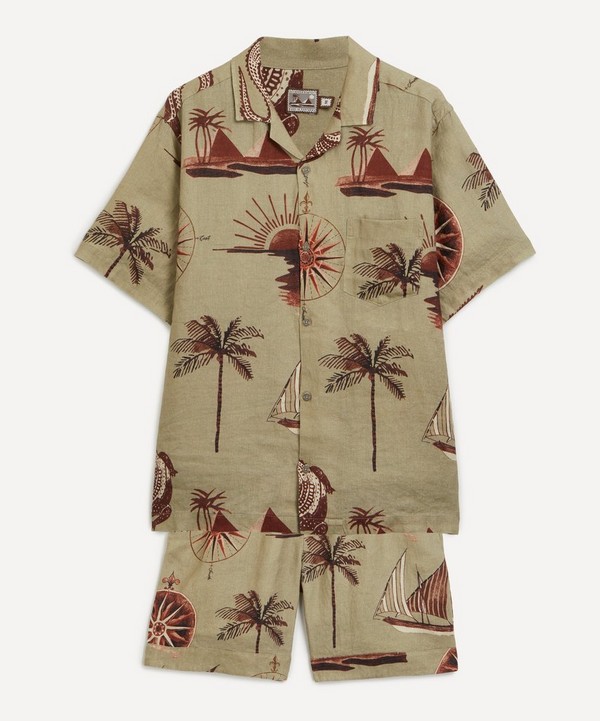 Desmond & Dempsey - Nautical Journey Green / Brown Linen Cuban Pyjama Set