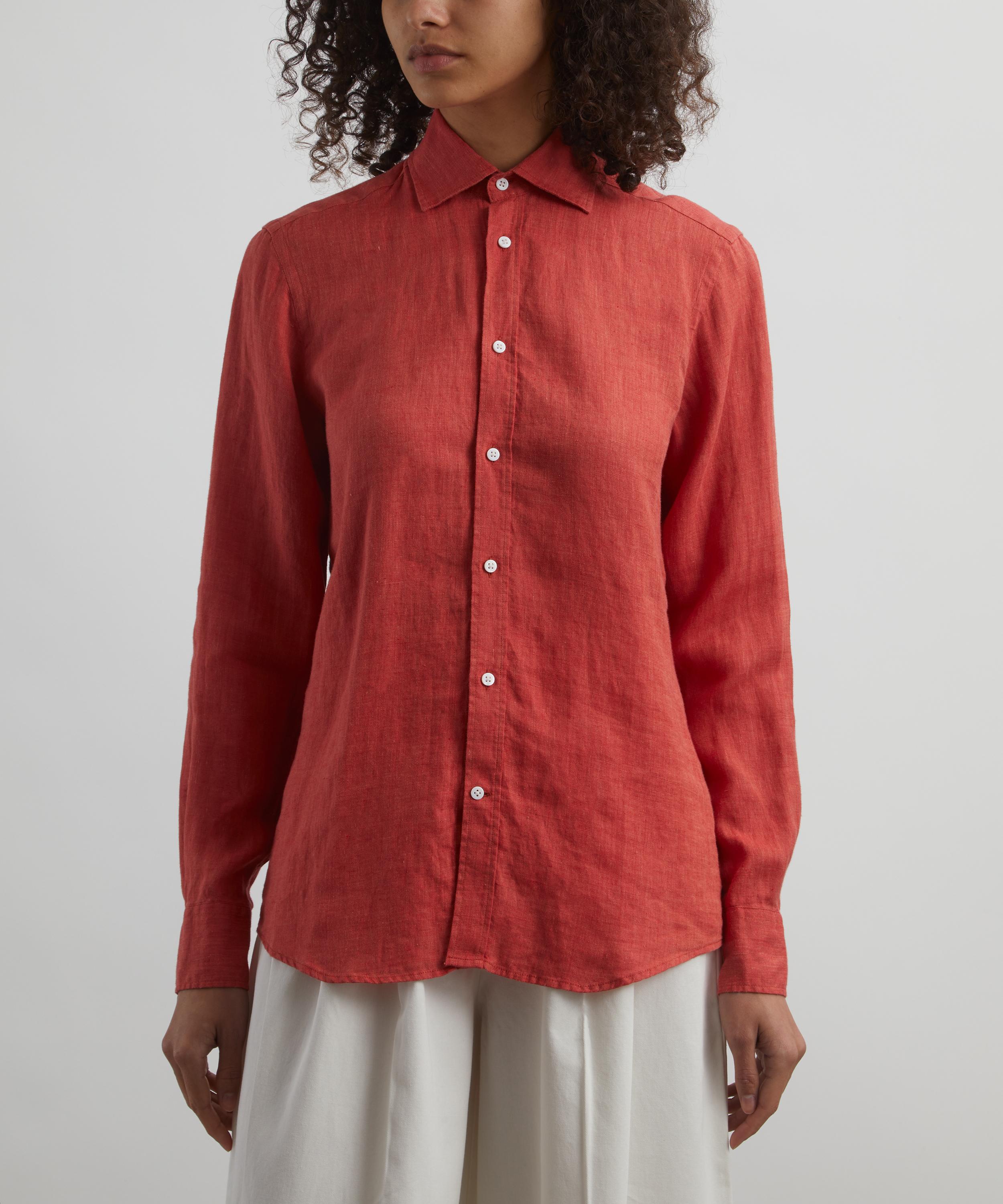 With Nothing Underneath - The Boyfriend Cardinal Red Linen Shirt image number 2