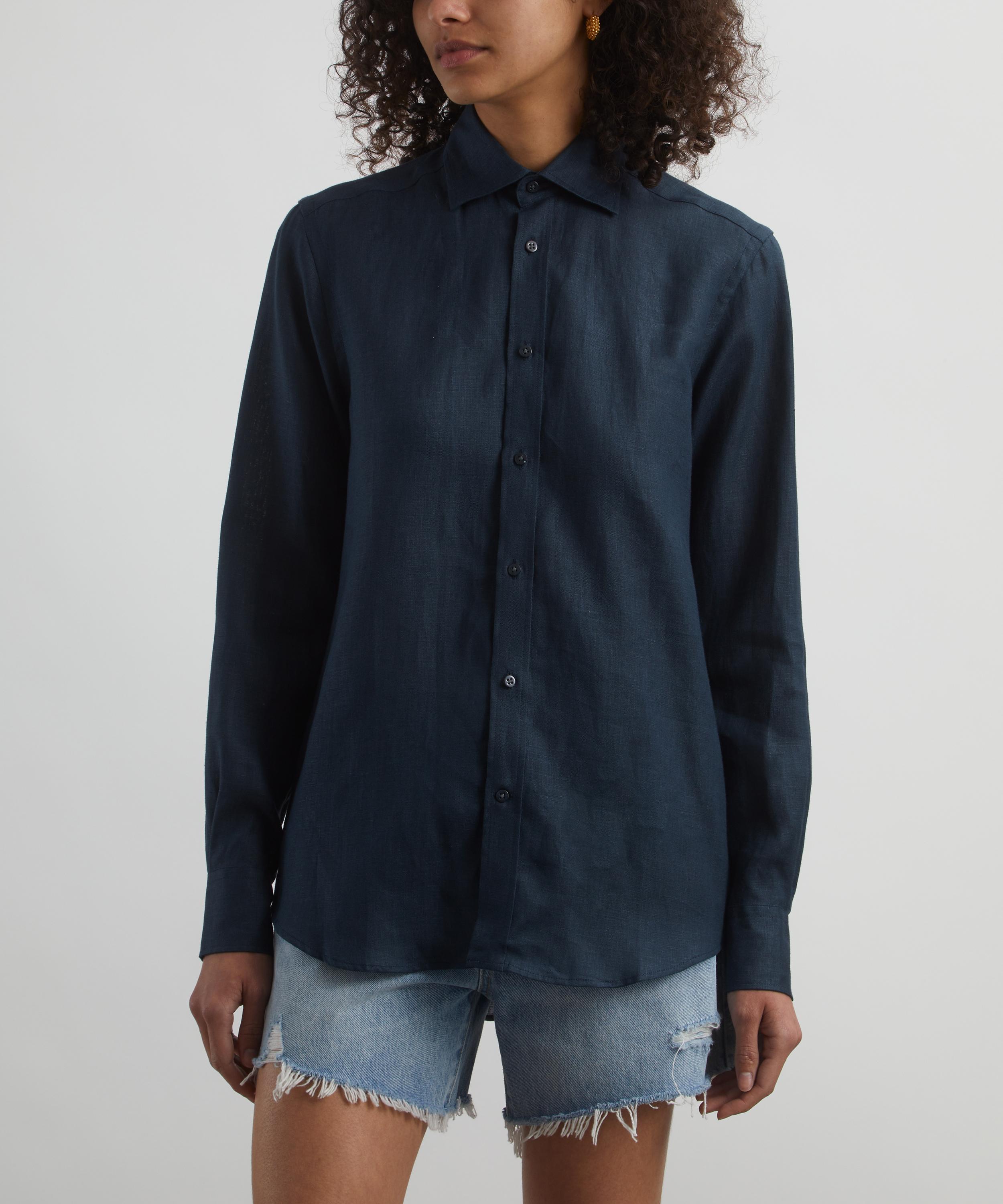 With Nothing Underneath - The Boyfriend Navy Blue Linen Shirt image number 2