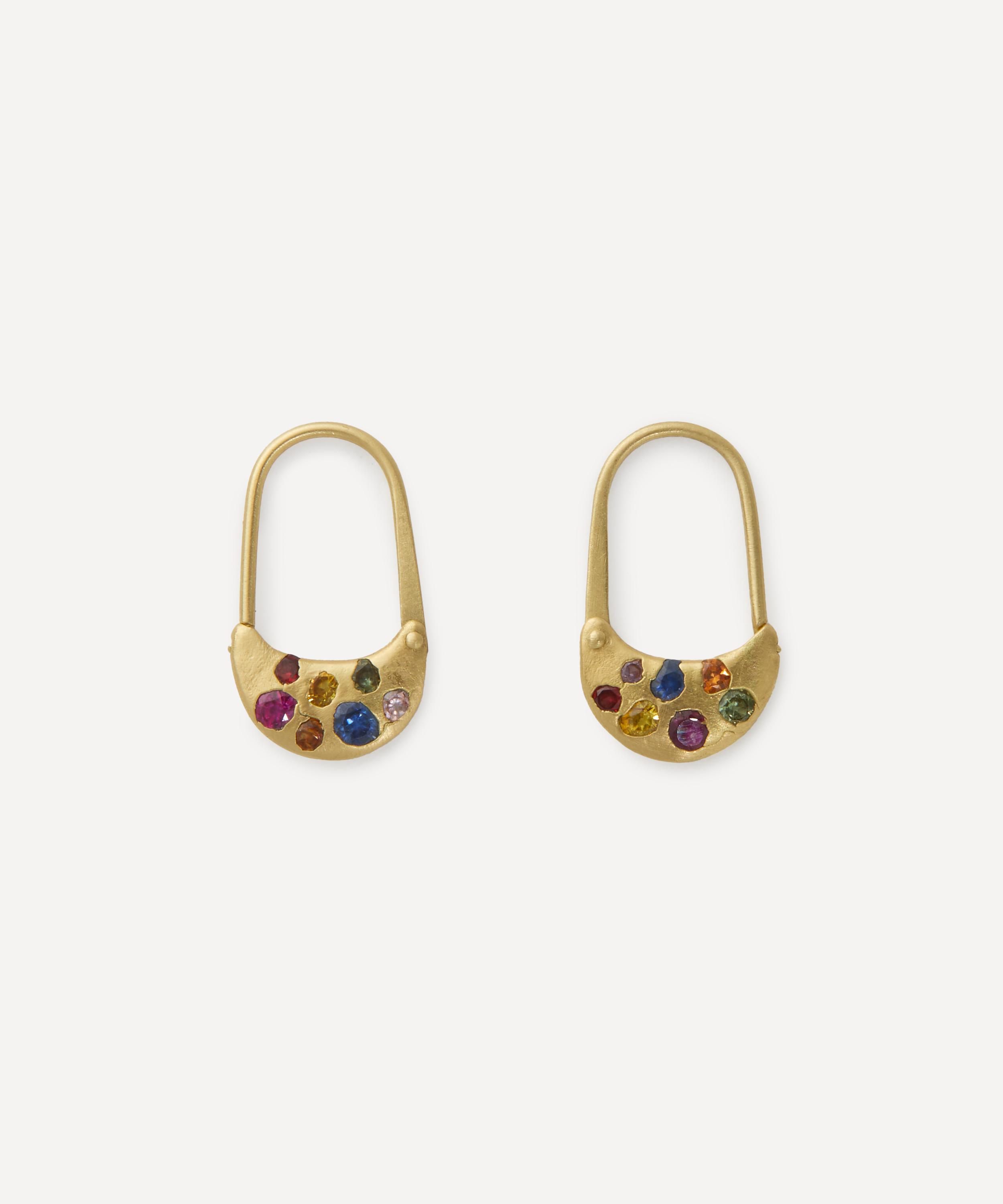 Polly Wales - 18ct Gold Rainbow Safety Pin Drop Earrings image number 0