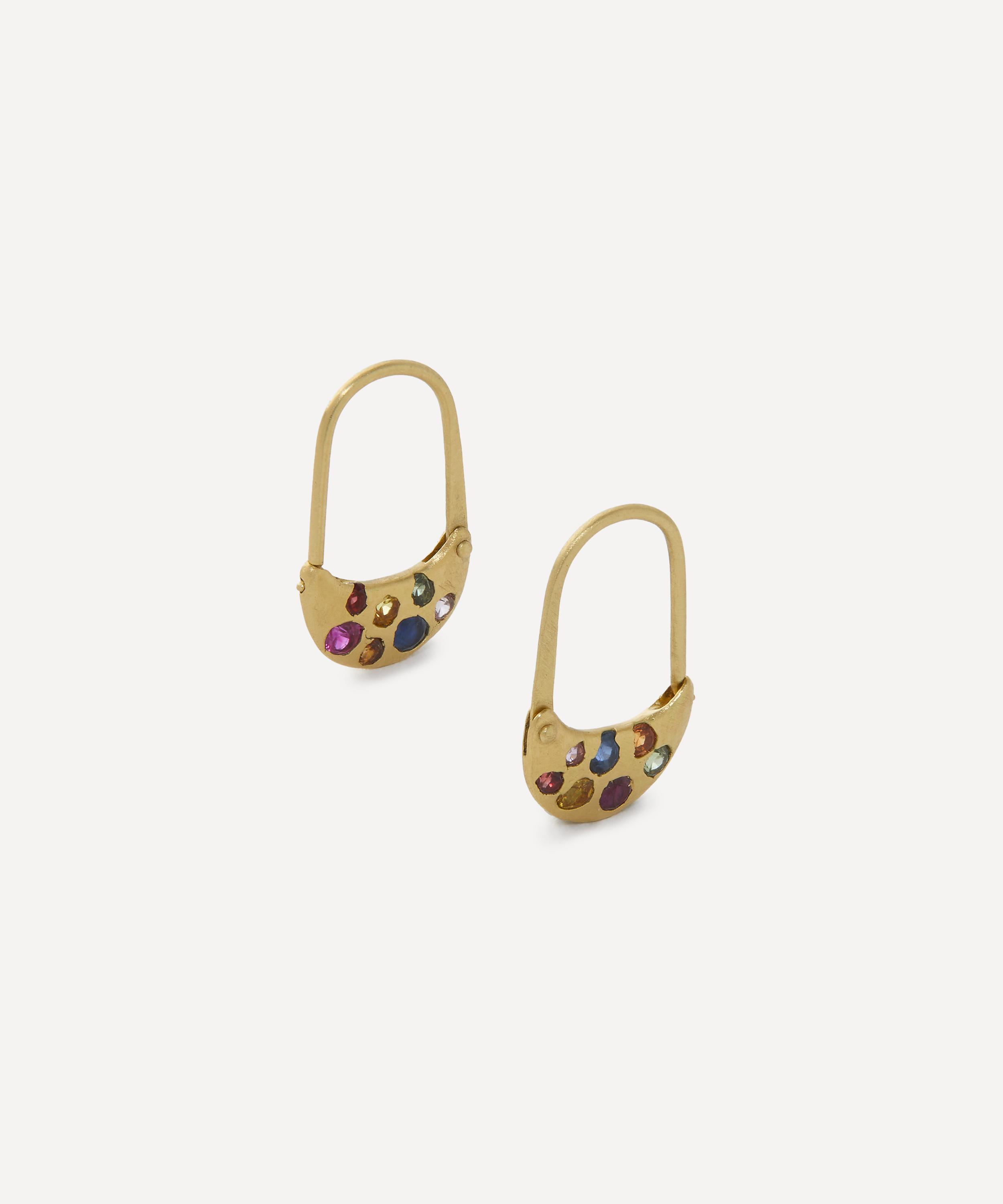 Polly Wales - 18ct Gold Rainbow Safety Pin Drop Earrings image number 1